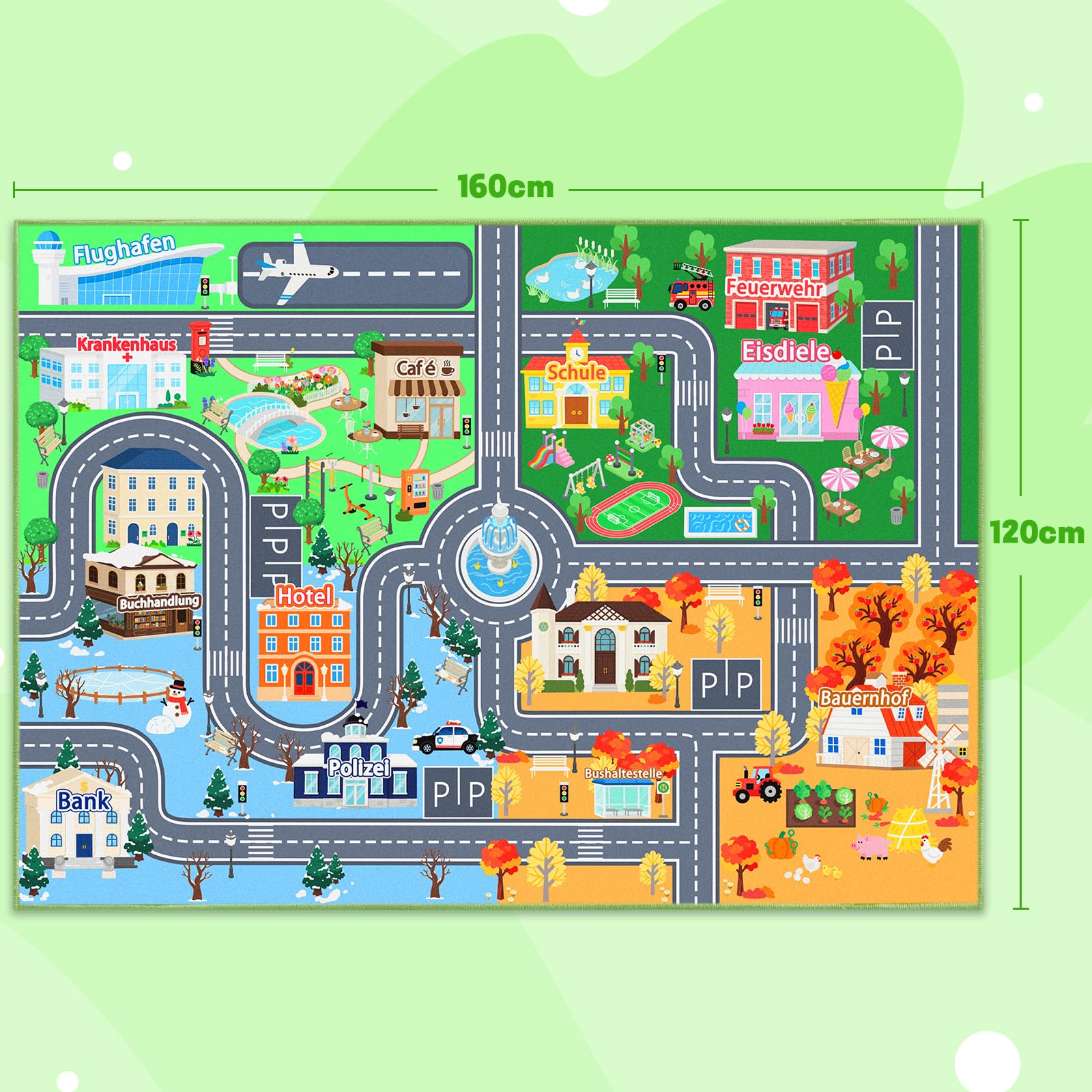 Kinder Autoteppich für Spielzimmer 120 x 160 cm, Waschbare Spielmatte | Straßenteppich Kinder, Rutschfester Kurzflor Teppich für Kinderzimmer, Spielteppich für Jungen und Mädchen