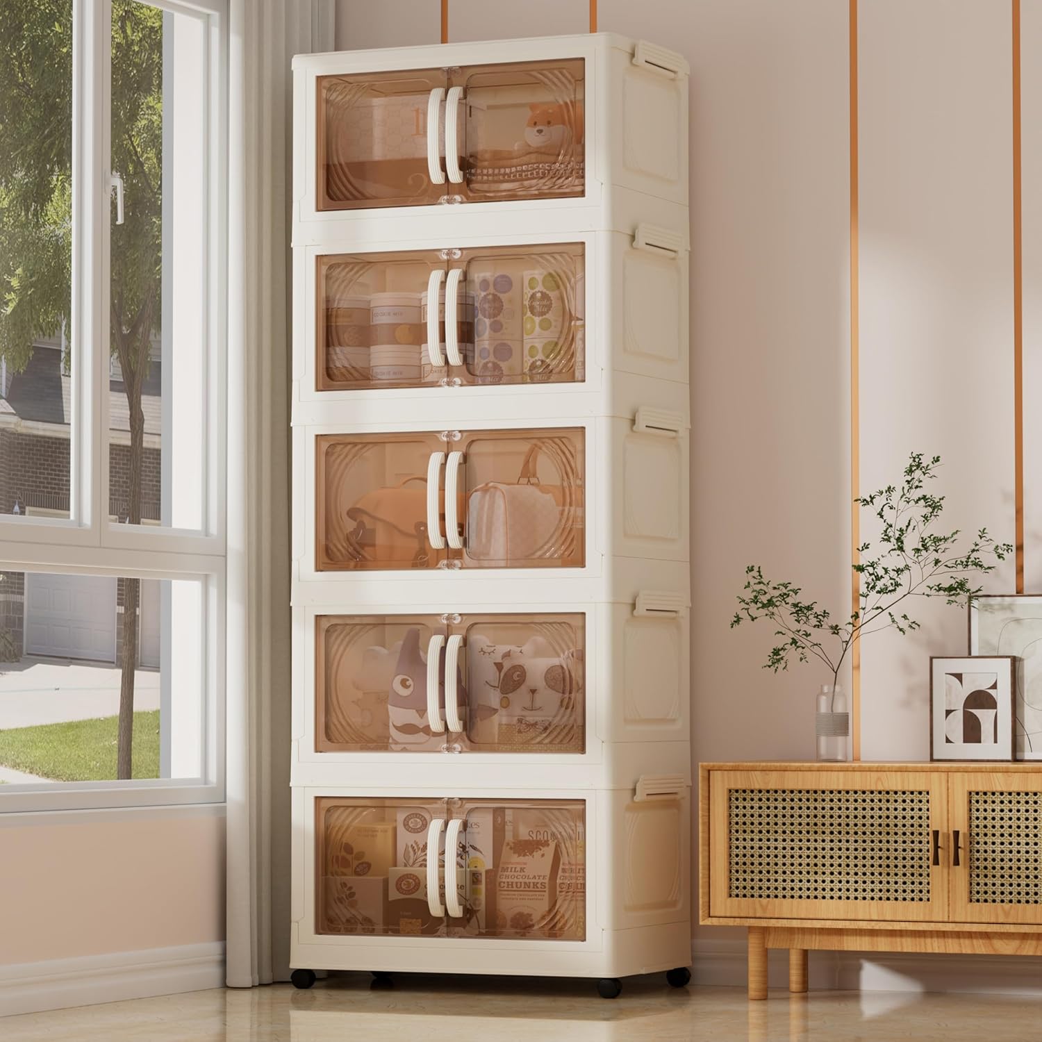 Karramlili Stackable Storage Bins 160 Qt, 5 Tiers, 17.7"x10.2"x44.1", Collapsible Storage Bins with Magnetic Door, Plastic storage cabinet with Wheels, Closet organizers and Storage Containers