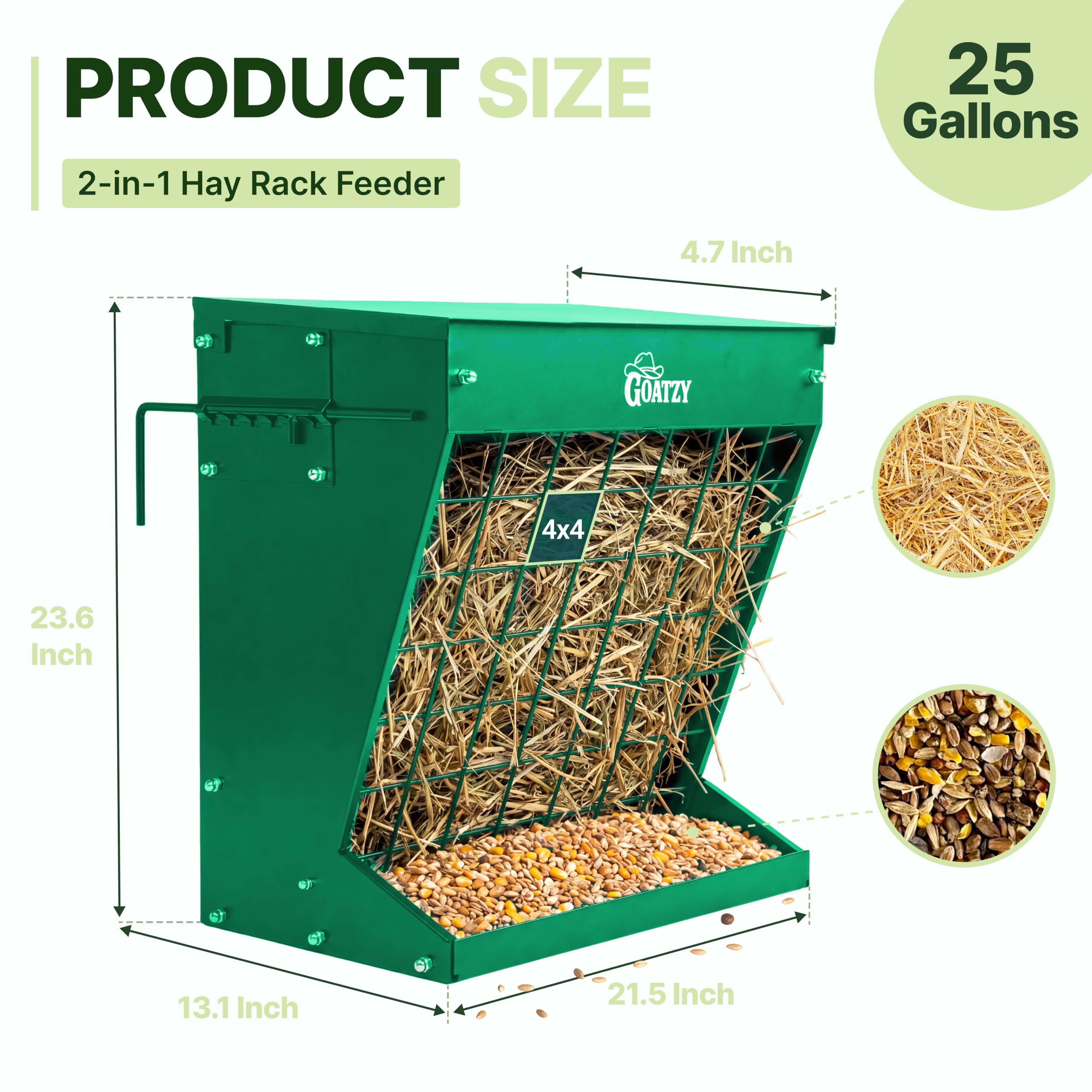 Mangiatoia per fieno a parete per capre, mangiatoia per fieno coperta per cavalli con tetto, 2 in 1 25 galloni fieno rack e grano, gancio appeso sul supporto per recinzione, alimentatore per