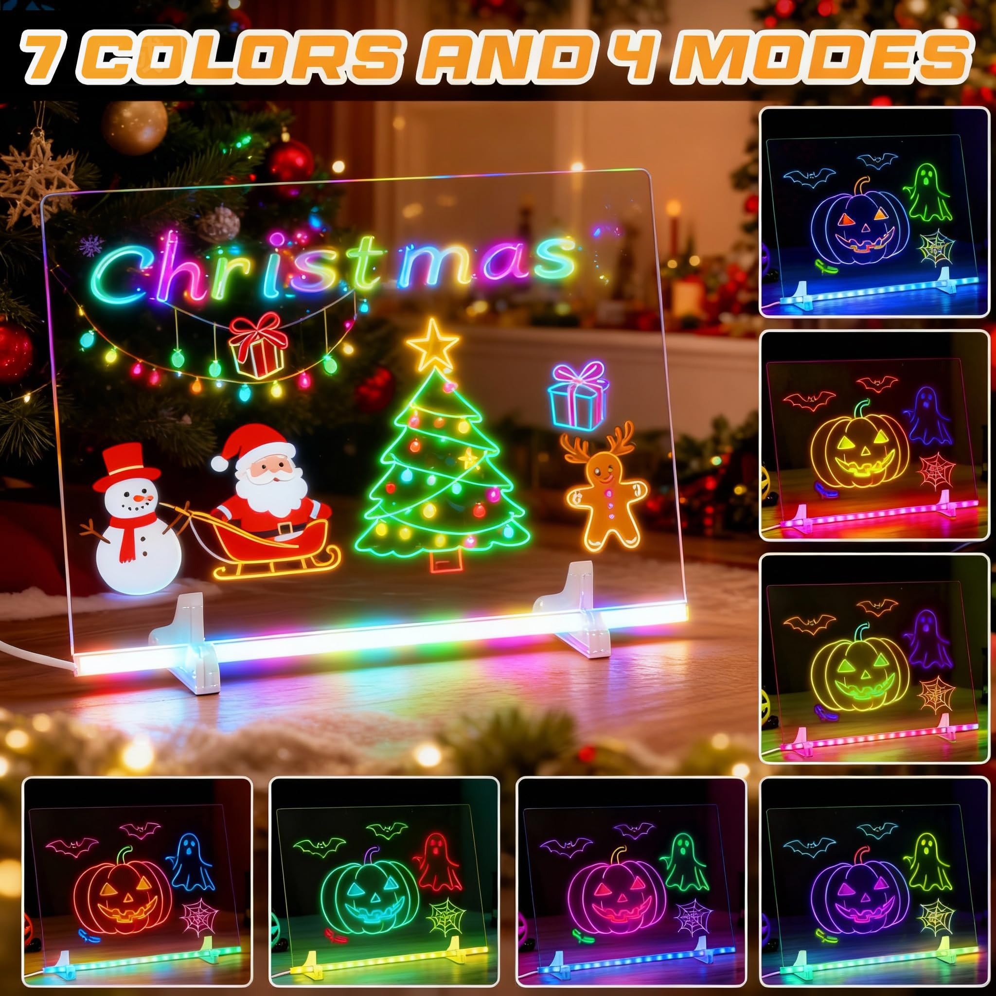 Tablero de notas LED con colores, tablero acrílico de borrado en seco incluye adaptador, cadena colgante, tablero de dibujo LED para niños con soporte, 7 marcadores, botella de spray 5