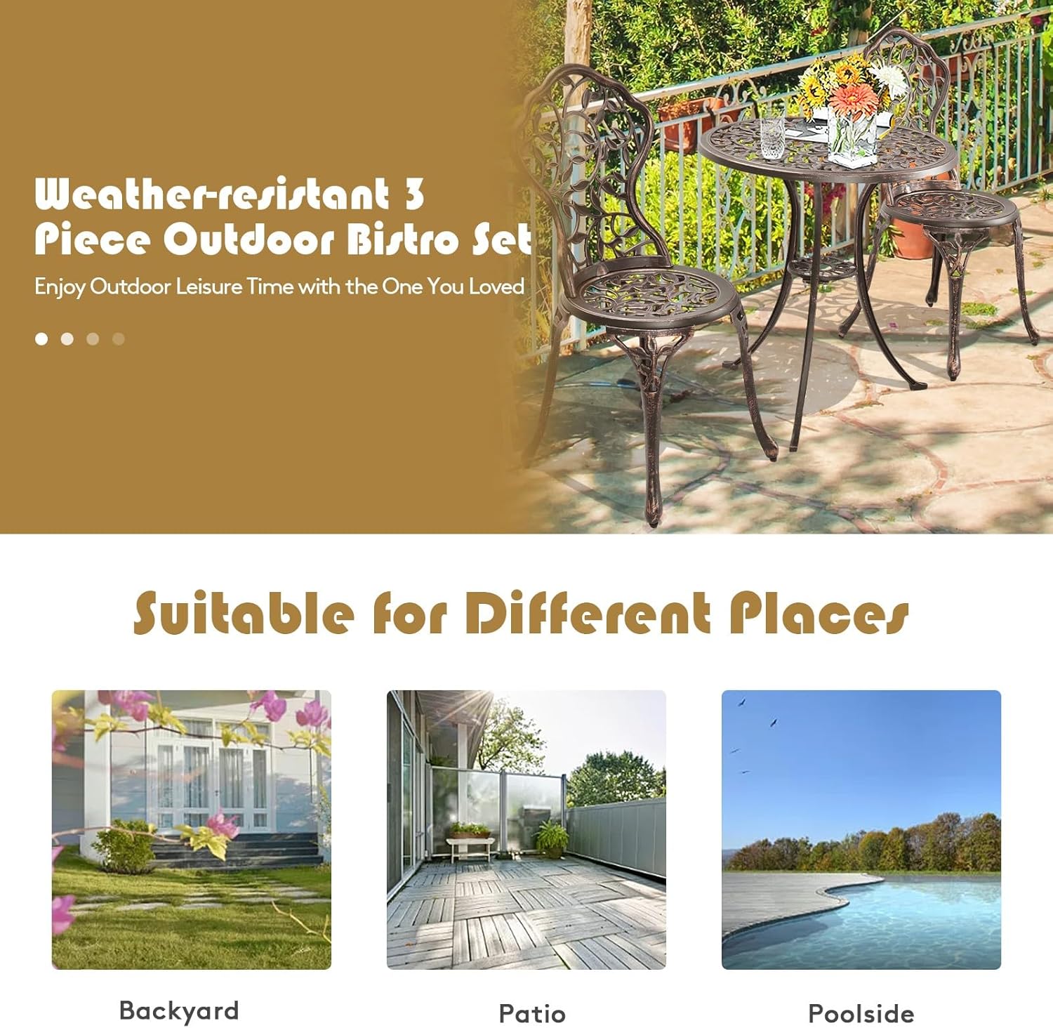 3PCS Premium Patio Bistro Furniture Set Sturdy Cast Aluminum Leaf Design Bronze