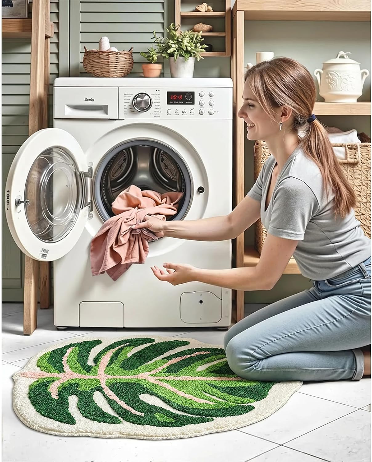 Sisher Cute Monstera Bath Mat,Green Leaf Bath Mat,Non Slip,Soft,Absorbent,Machine Washable for Bathroom Bathtub Rugs,Toilet,Kids Room,Bedroom,Monstera Leaf Rug(21"X26")