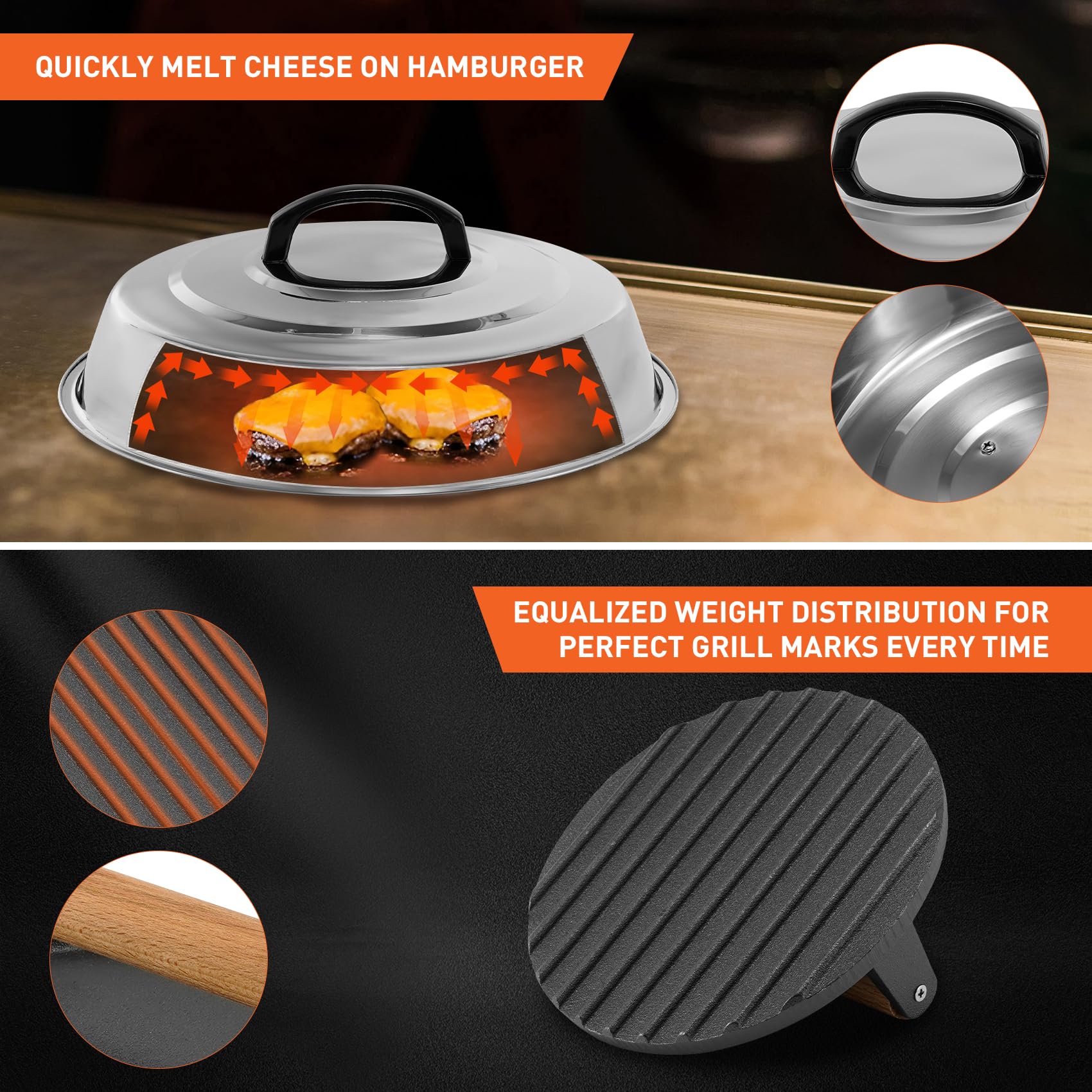 Accessori per Barbecue, Coperchio Rotondo in Acciaio Inox da 30,5 cm, Cupola, griglia Rotonda in ghisa, Kit per Hamburger, Pancetta, Bistecca, Ideale per Blackstone Camp Chef Flat Top Grill