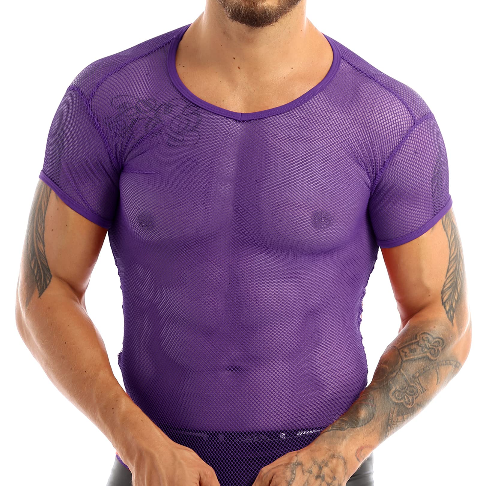 FEESHOW Mens See Through Sheer Mesh T-Shirt Muscle Tank Tops Tees Vest Fishnet Shirt Undershirts Purple XL