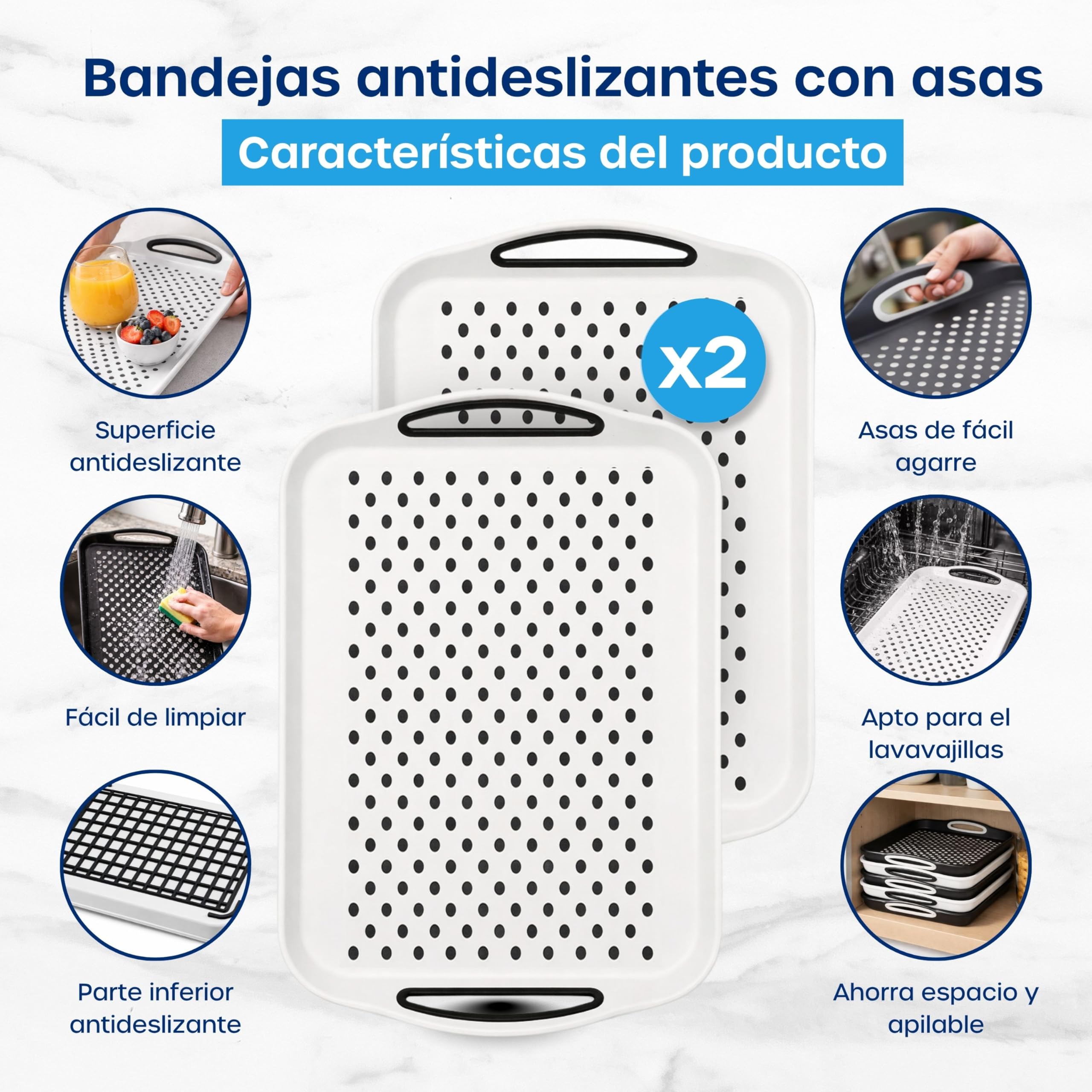 volila Bandeja antideslizante de plástico antideslizante para comer con asa (41 x 29 x 4,5 cm) - Bandejas de comida para comer, té o café, color blanco