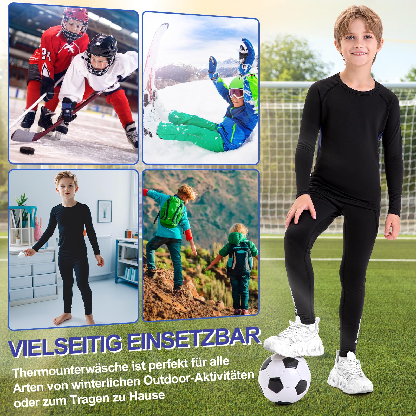 Set di primo strato termico per bambini, in caldo pile, con 2 tasche, ad asciugatura rapida, traspirante, a maniche lunghe, per sci e sport