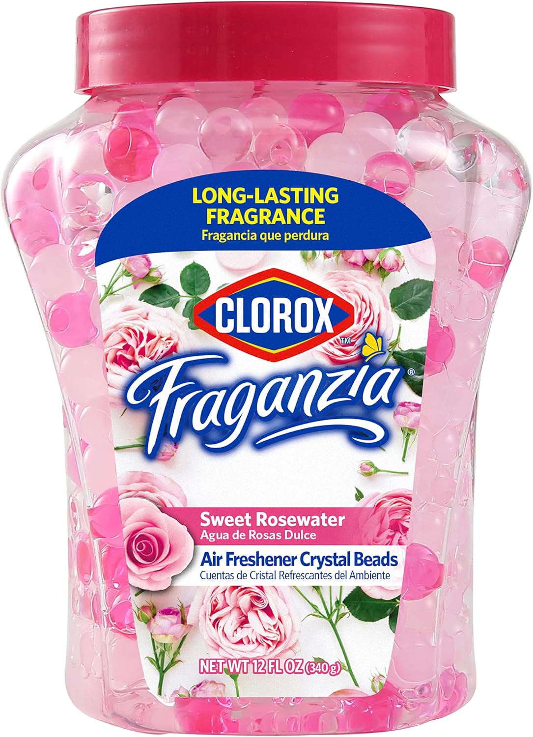 Clorox Fraganzia Air Freshener Crystal Beads Sweet Rosewater 12oz | Long-Lasting Air Freshener Beads 12 Ounces | Easy to Use Vented Jar Air Scent Beads for Homes, Bathrooms, Closets, Car or Office