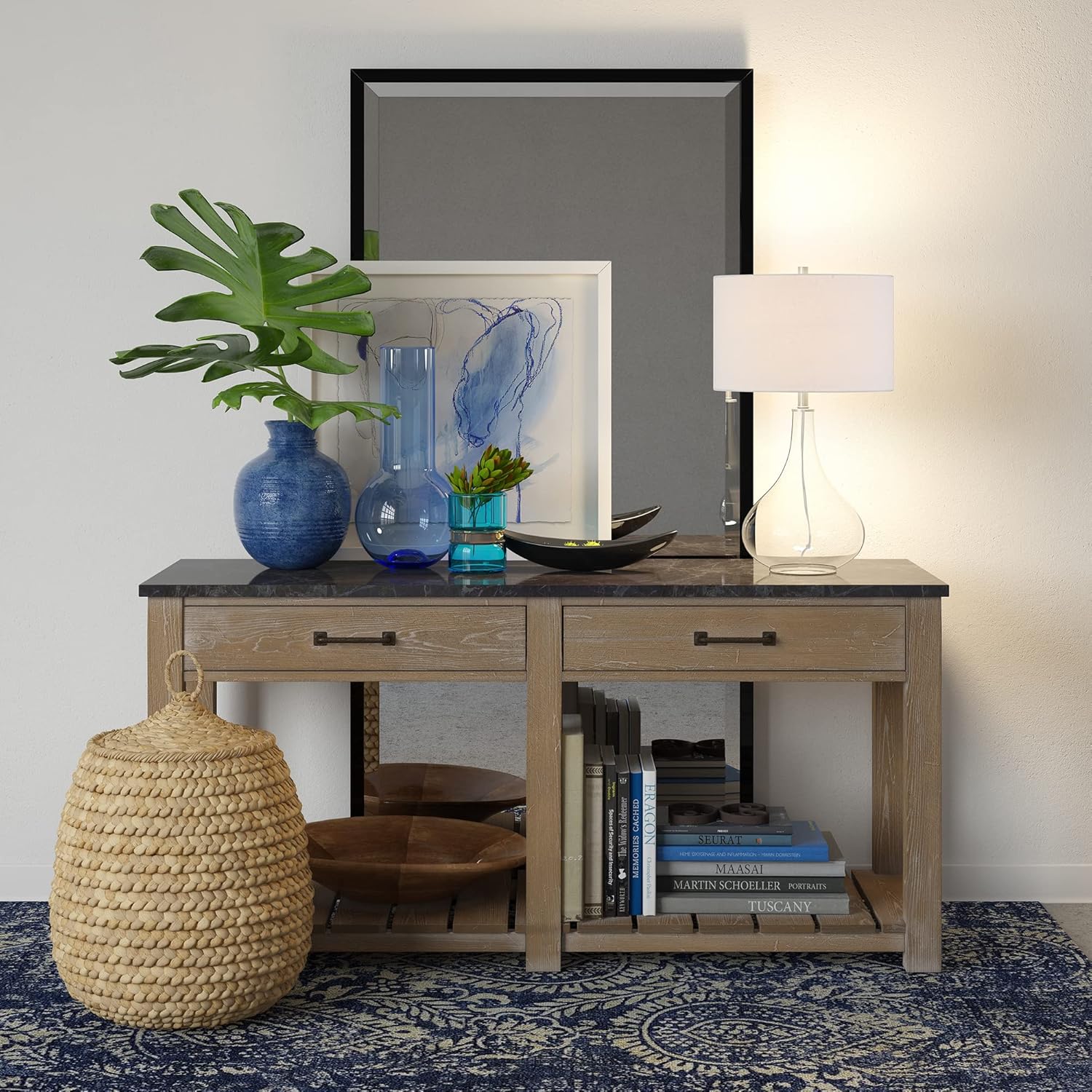 Blасk Frіdау 🔥 Henn&Hart TL0024 Contemporary Chic Curved Accent Bedside Table Clear Glass with White Linen Drum Shade for Bedroom, Living, Office, Den, Study, Family Room Lamp, One Size