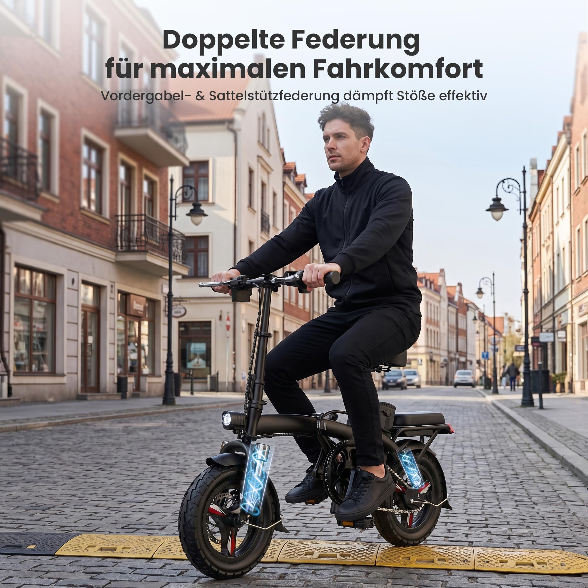 E Bike mit bis zu 40 km Reichweite,14 Zoll E Bike Elektrofahrräder mit Federung, LED-Licht für Stadtpendler & Scheibenbremsen