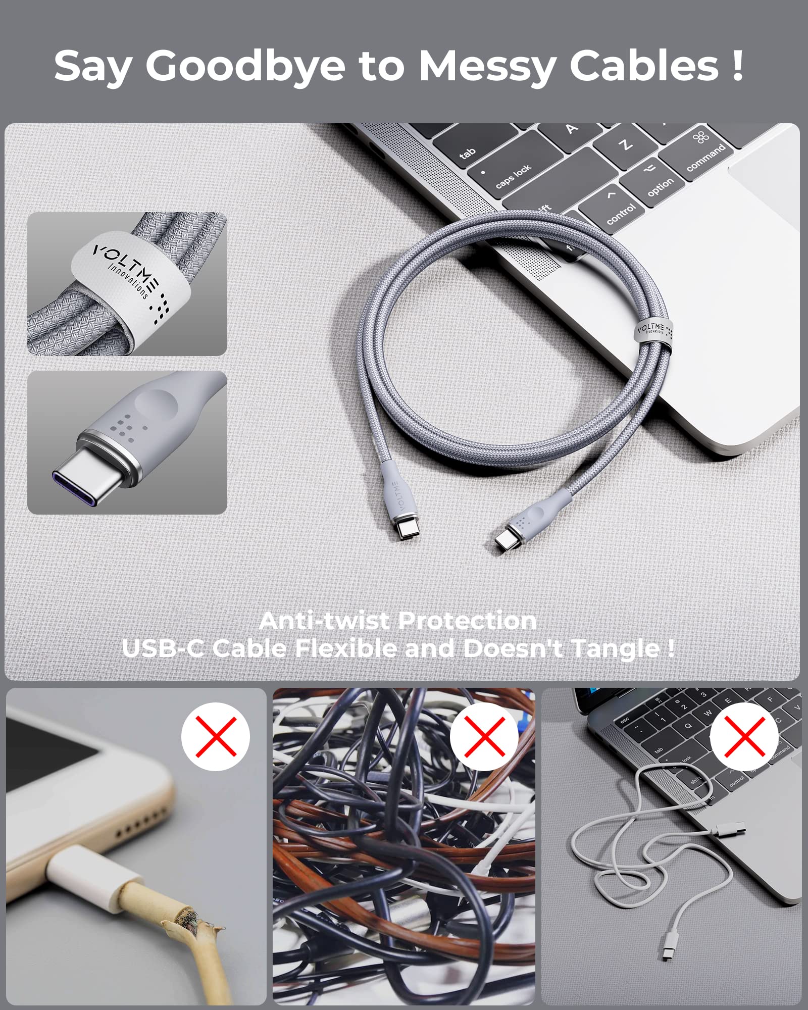 VOLTME Set di 2 Cavo USB C a USB C PD 5A 100W Nylon Intrecciato 1.80m, RUGG USB-C Tipo C Cavo di Rapida Compatibile con MacBook, MateBook pro, Pixel 7/6 Pro/5/4XL, iPad Pro, Galaxy, ecc. (grigio)
