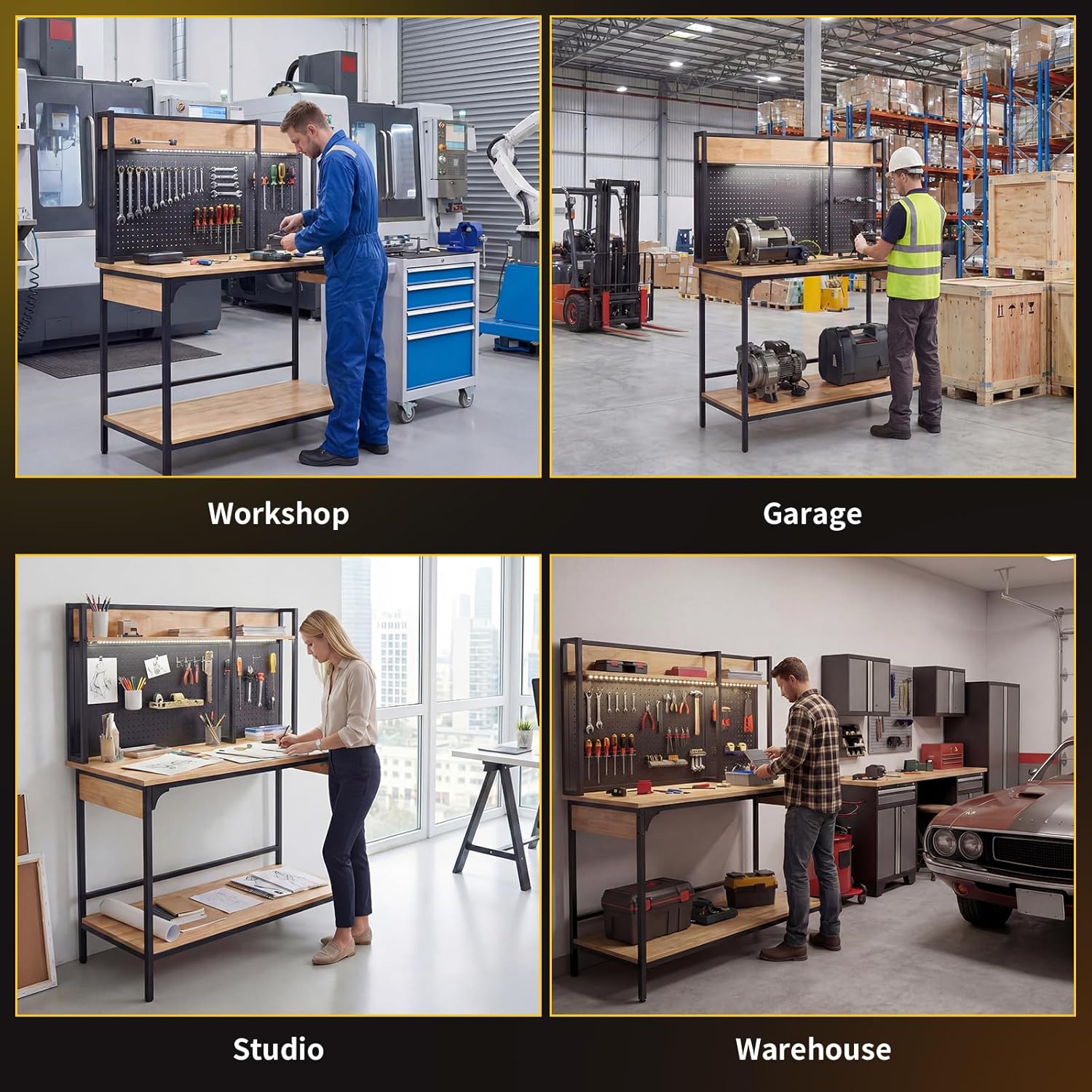 48" Heavy-Duty Garage Workbench with LED Light & Power Outlet, 1200LB Capacity Tool Table with Pegboard, Storage Shelves, USB & Type-C Ports for Woodworking Shop, Garage, Home