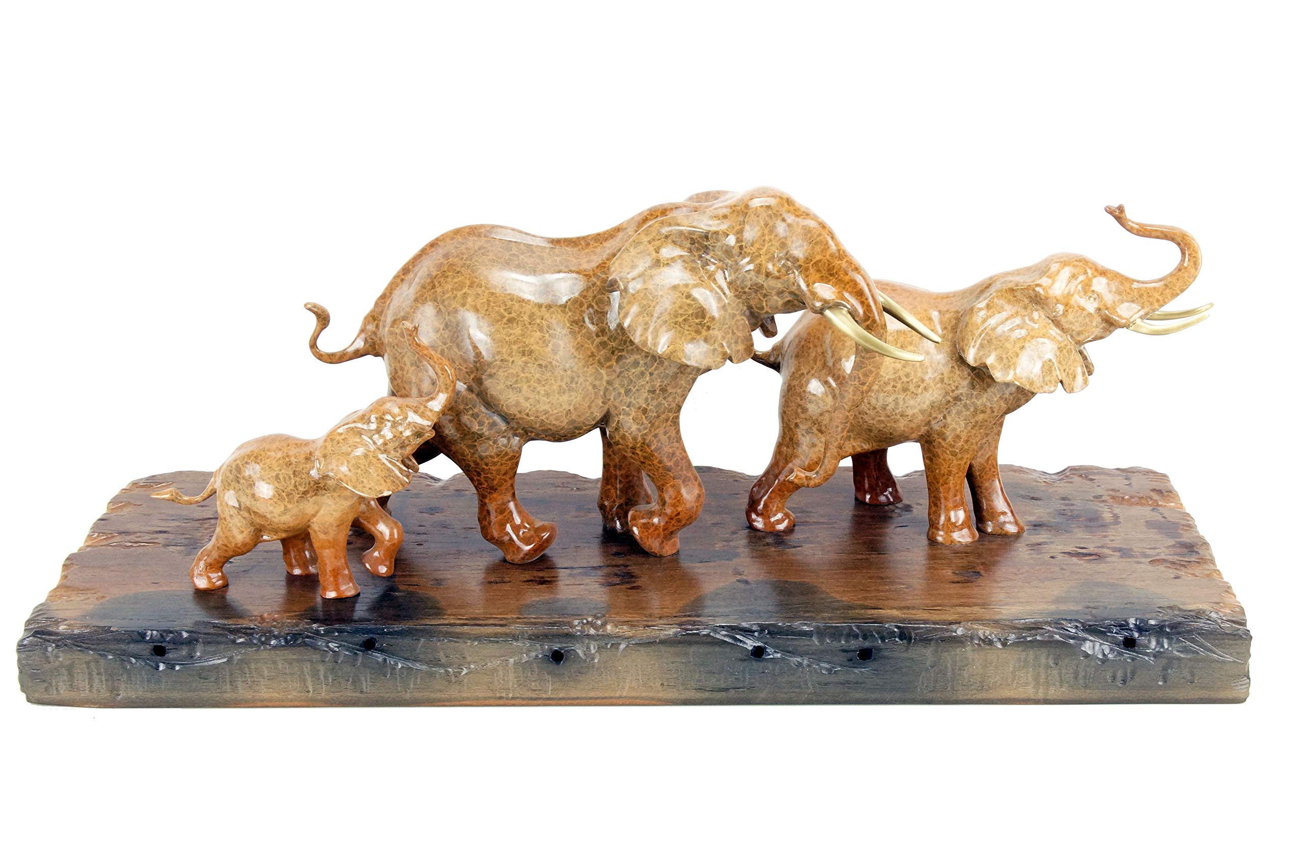 Kunst & Ambiente - Familia de Elefantes en Bronce sobre Tabla de Barcos - Escultura Animal de Milo - Figura Decorativa de Elefante - Ancho 90 cm - Base de Madera