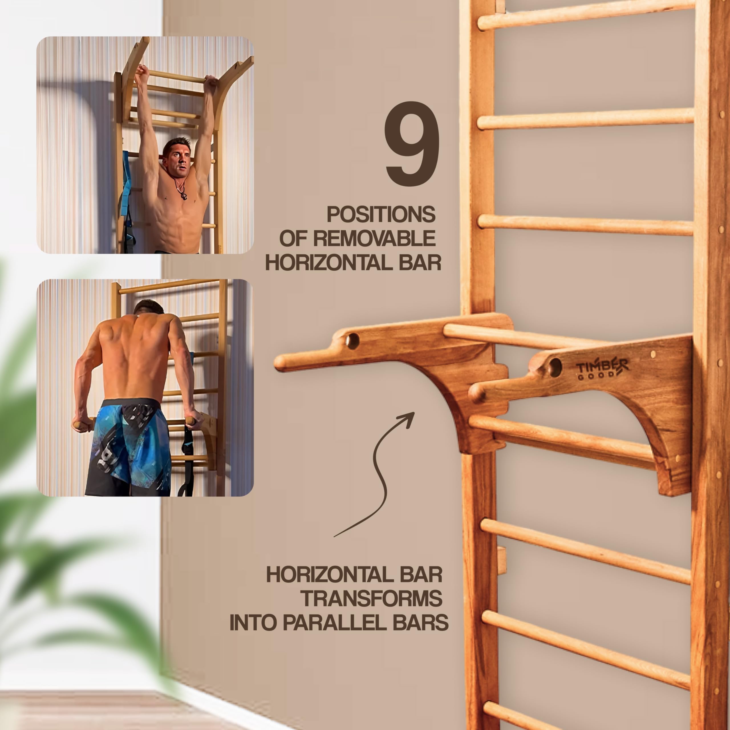 Générique Escalera sueca de madera maciza de haya Timbergood - Muro de gimnasia para niños y adultos, carga 400 kg, deportes en casa, equipo multifuncional de interior.