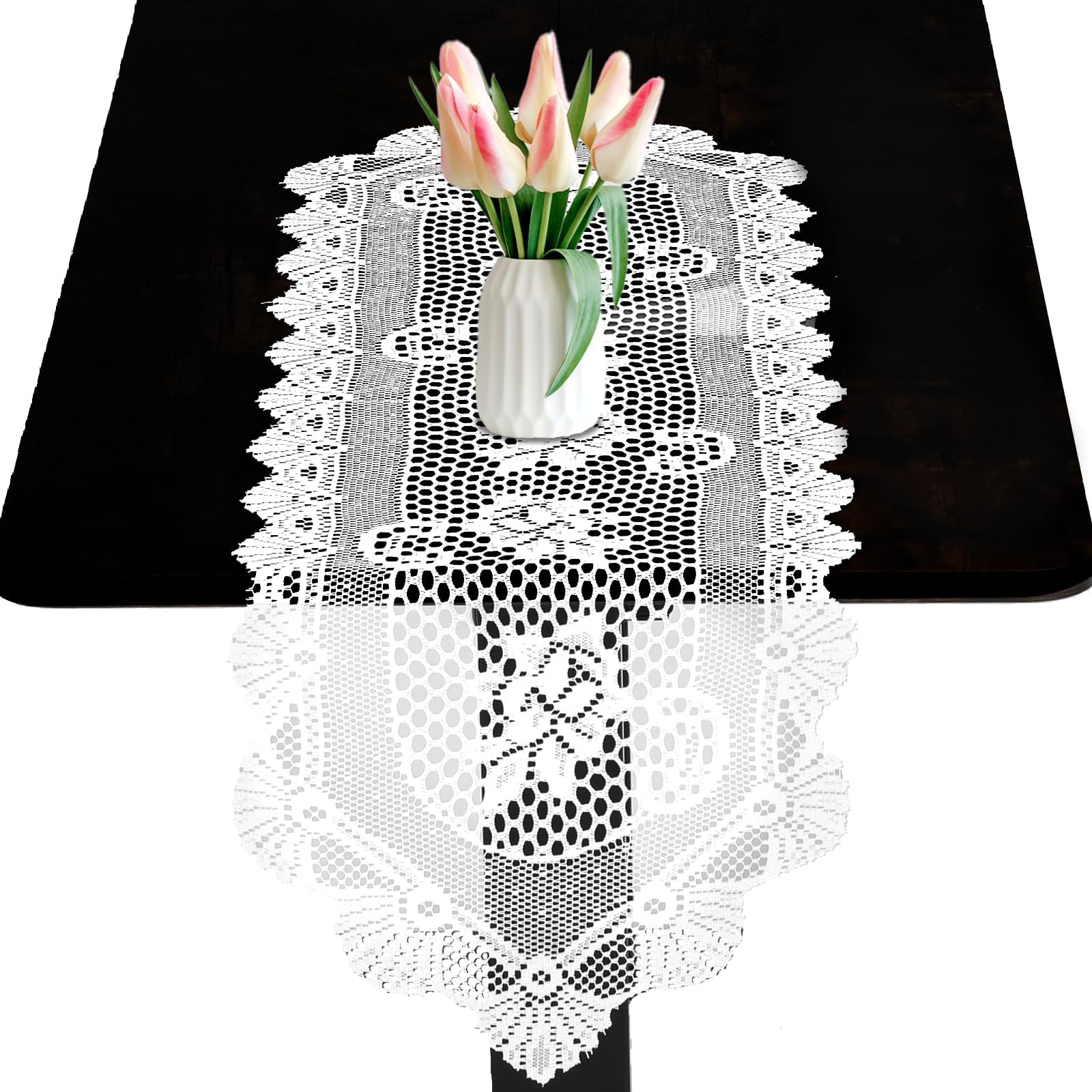 2 PCS Lace Table Runner 45" X 13" Floral Embroidered Lace Runner for Tables White Table Doilies Cover for Wedding Bridal Shower Baby Shower Party Table Decoration
