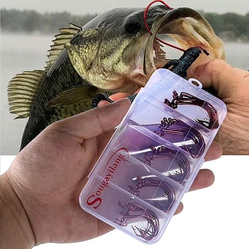 Vista 11 de Sougayilang Anzuelos de pesca de acero de alto carbono gusano cebo suave anzuelos de pescado con caja de plástico 25 piezas ponderadas