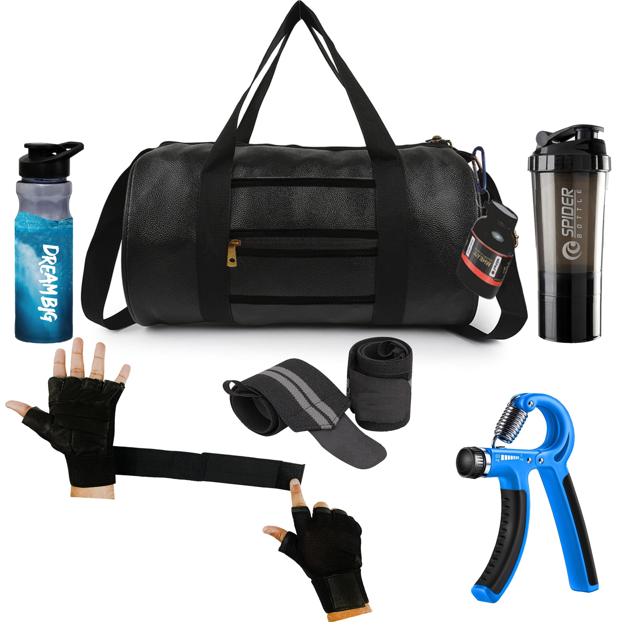 Premium Gym Accessories Combo Set for Men and Women Workout with Whey Bottle, Hand Gripper,Duffle Bag, Wrist Wrap, Hand Gloves Sipper/Shaker - All-in-One Fitness Gym Kit