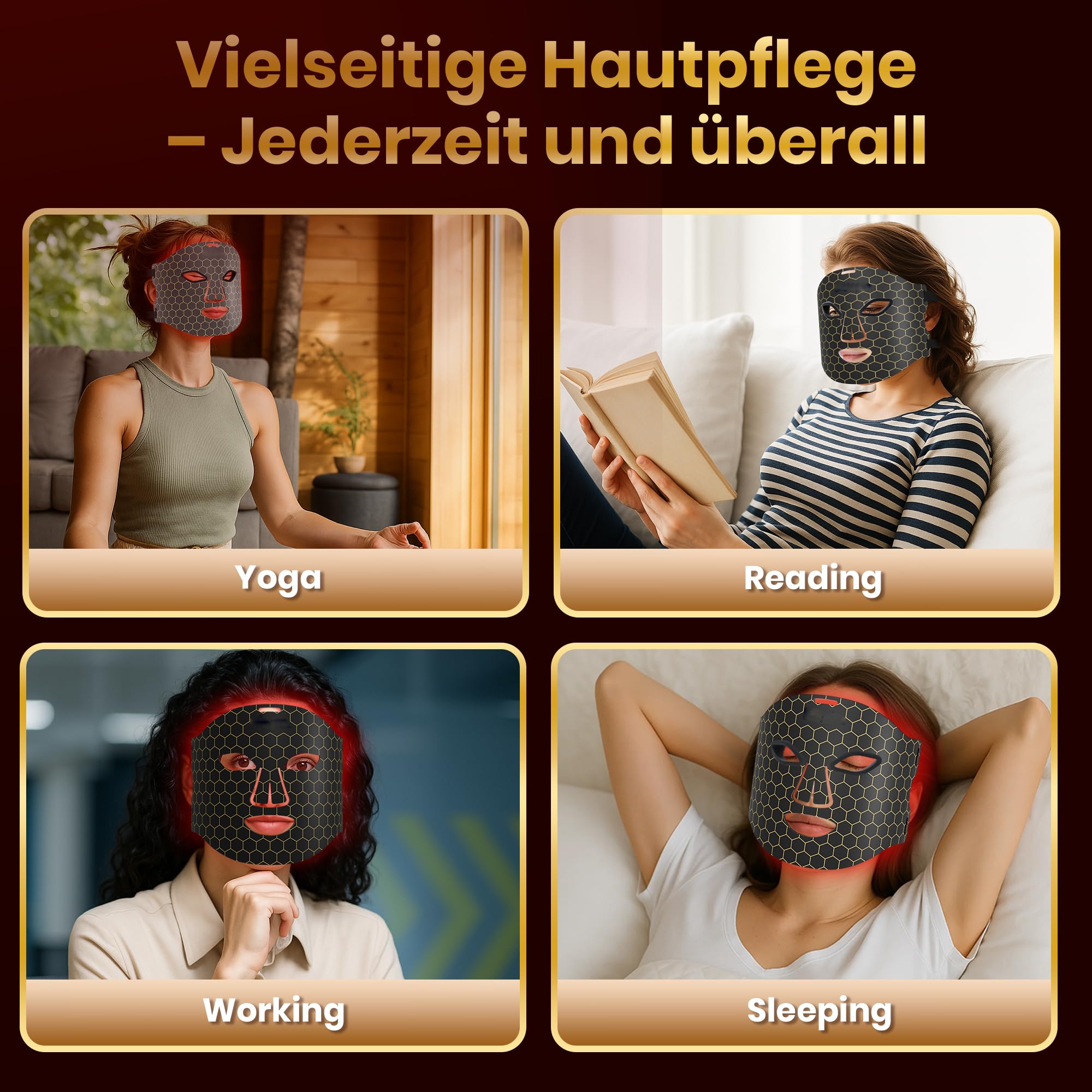 Rotlichtlampe LED Maske – 4-Farben-Lichttherapie mit 240 LEDs, Wiederaufladbare Lichttherapie für Anti-Aging, Hautverjüngung und Straffung (Schwarz2)