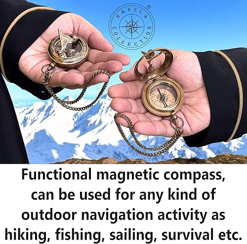 Miniatura 12 de Handmade Push Button Direction Sundial Compass with Chain & Storage Case Brass Compass & Sun Clock – Steam Punk Accessory Pocket Sundial, Baptism