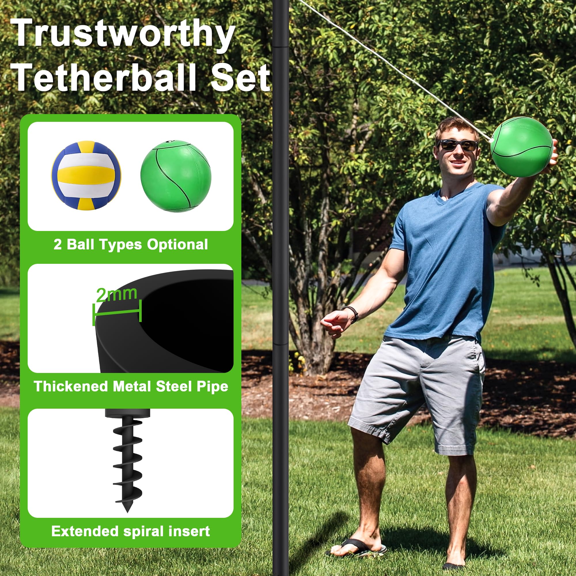Amazon.com : Miveda Tetherball Ball and Rope, 12 FT Tetherball Set,  Adjustable Tether Ball Pole with 2 Rubber Tetherball Ball, Heavy Duty Tether  Balls and Rope Set with Pole for Outdoor Backyard