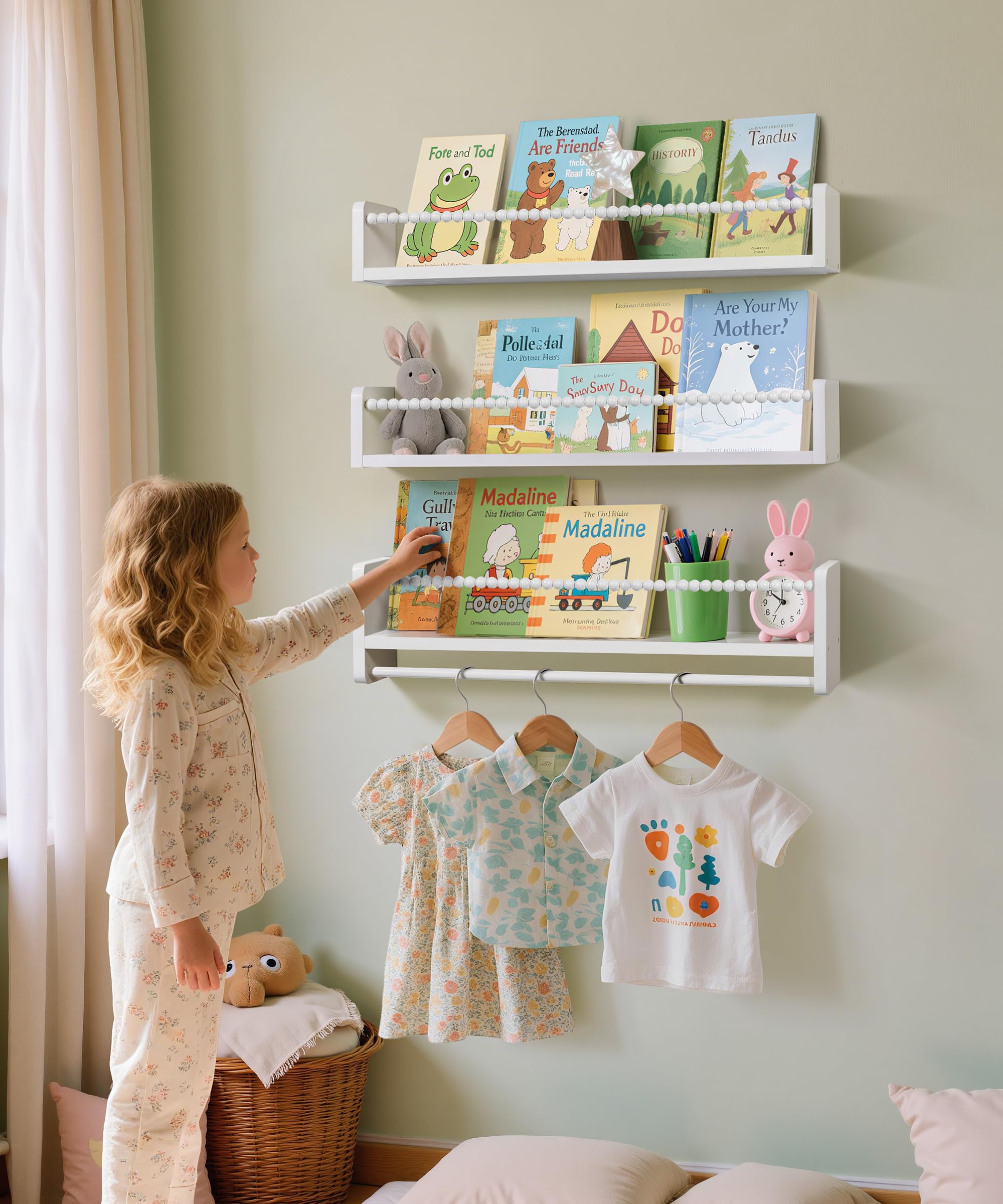 Estantería Infantil, Libreria Infantil Blanca con Barra de Perlas | 58cm Estanteria Libros Infantil Juego de 3, Biblioteca, Almacenaje, Decoración, para Libros, Juguetes para Cuarto Infantil