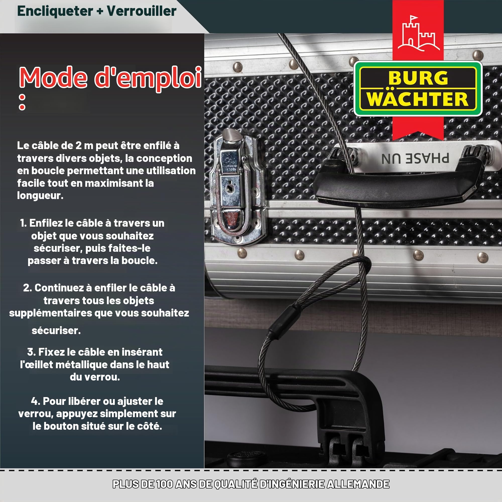 Burg-Wächter 720 200 Snap+Lock Câble antivol pour vélo, moto, scooter électrique et mobilier de jardin Noir 2 m