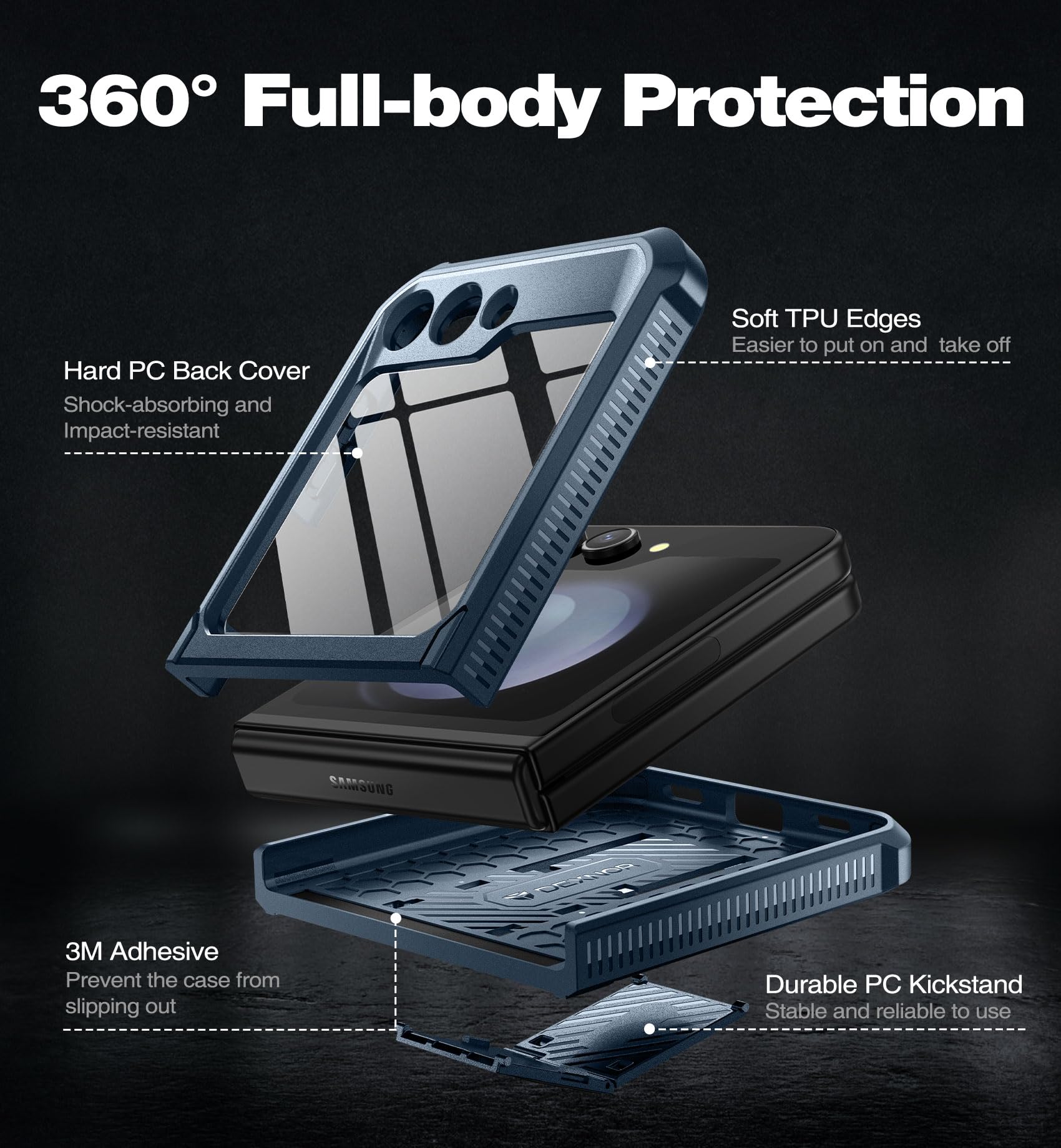 Dexnor Etui do Samsung Galaxy Z Flip 5 5G, Podwójna Warstwa + Stand, Wytrzymałe, Niebieski
