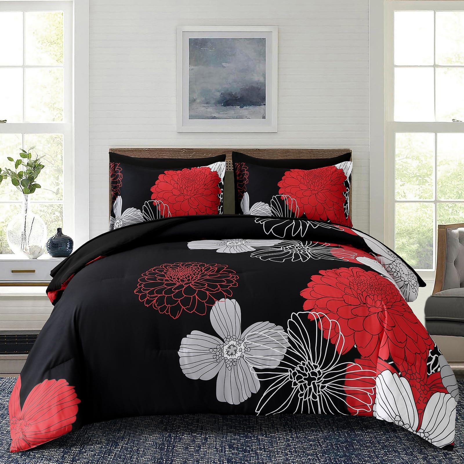 Floral Comforter Set Queen Size, 7 Pieces Red Flower Pattern Comforter