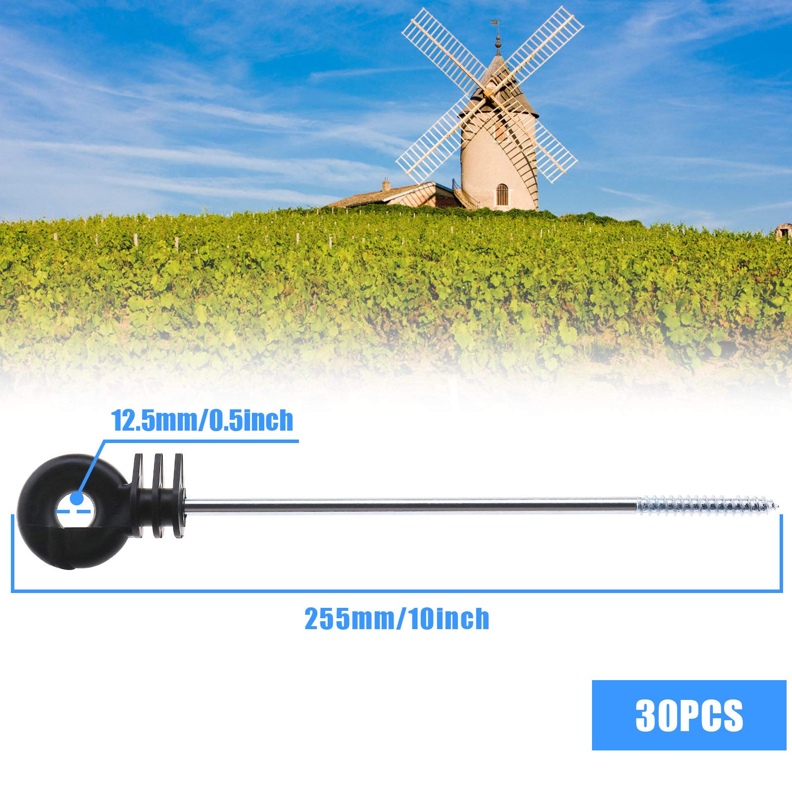 Lot de 30 anneaux de clôture isolants à visser pour faible impédance durable prairie ferme électrique poteau en bois noir
