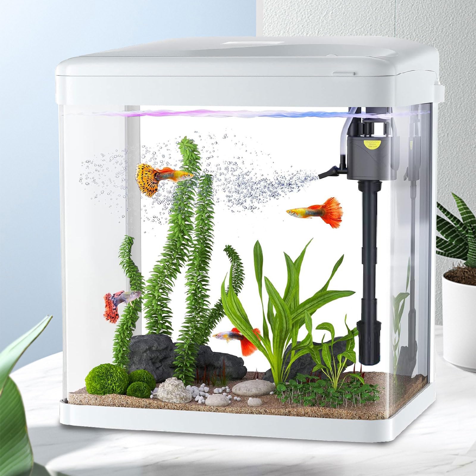 Betta Fish Tank, Glass Starter Kits, 3 in 1 Fish Tank with Self Cleaning w/Colorful LED Light, Aquarium Kit for Betta Shrimp Guppy Jellyfish Goldfish Beta,Room Decor Desktop(50 * 28.6 * 47.3CM)