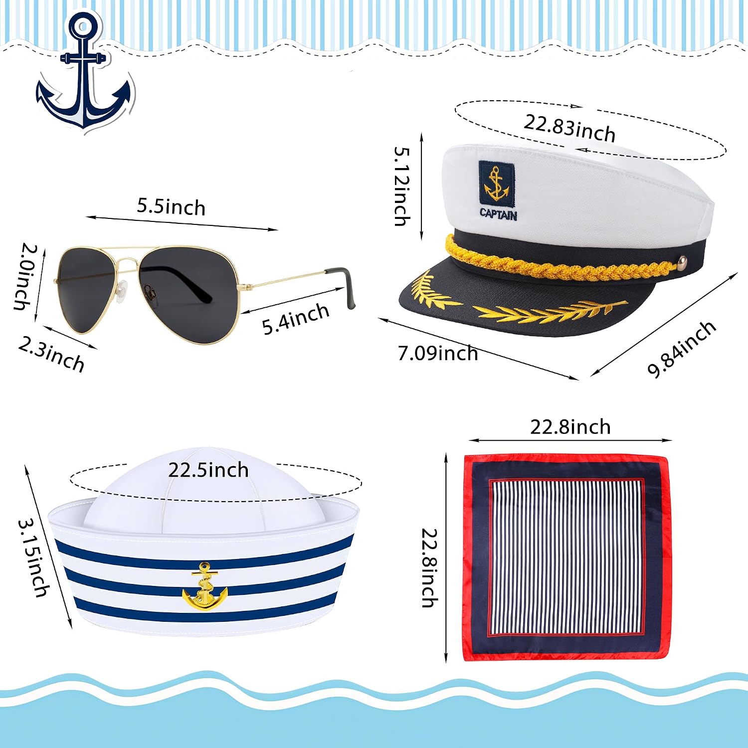Sailor Hat with Scarf Boat Captains Hat for Women Halloween Dressing up Party Costume Accessories for Men Adults Cosplay
