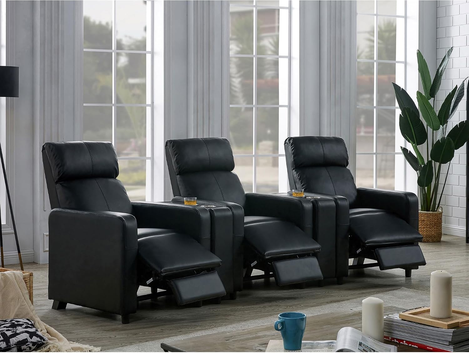Black Upholstered 3-Seater Home Theater with 2 Wedge Consoles