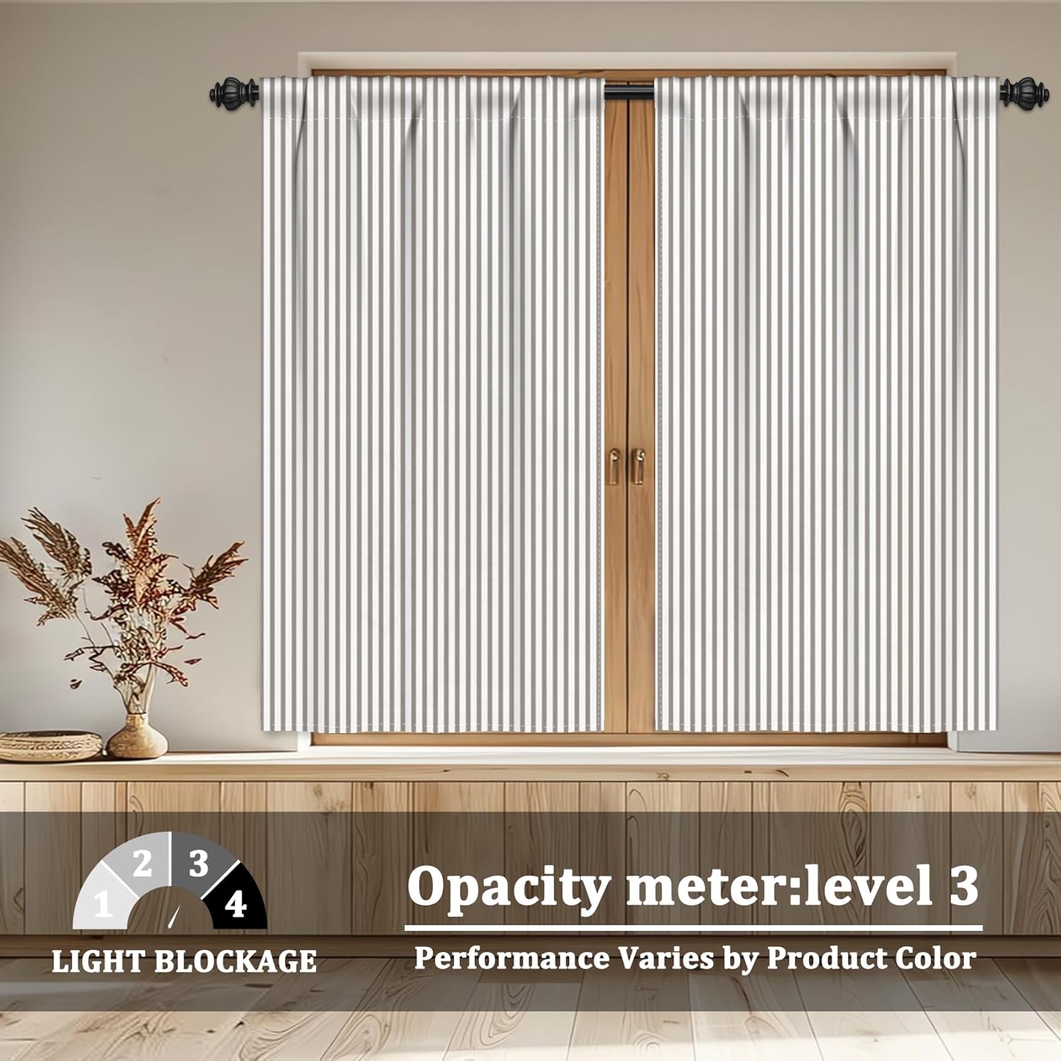 Renaiss 42 x 45 Inch Tan Stripe Farmhouse Kitchen Curtains Short Pinstripe Linen Texture Cafe Small Curtains Decor Ticking Stripe Light Filtering Small Window Treatments Rod Pocket Drapes 2 Panels
