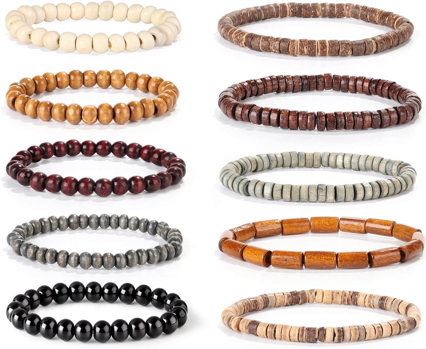 10 Pcs Set of Wooden Bracelets with Beads Mala Bracelet for Men Elastic Colour Choice
