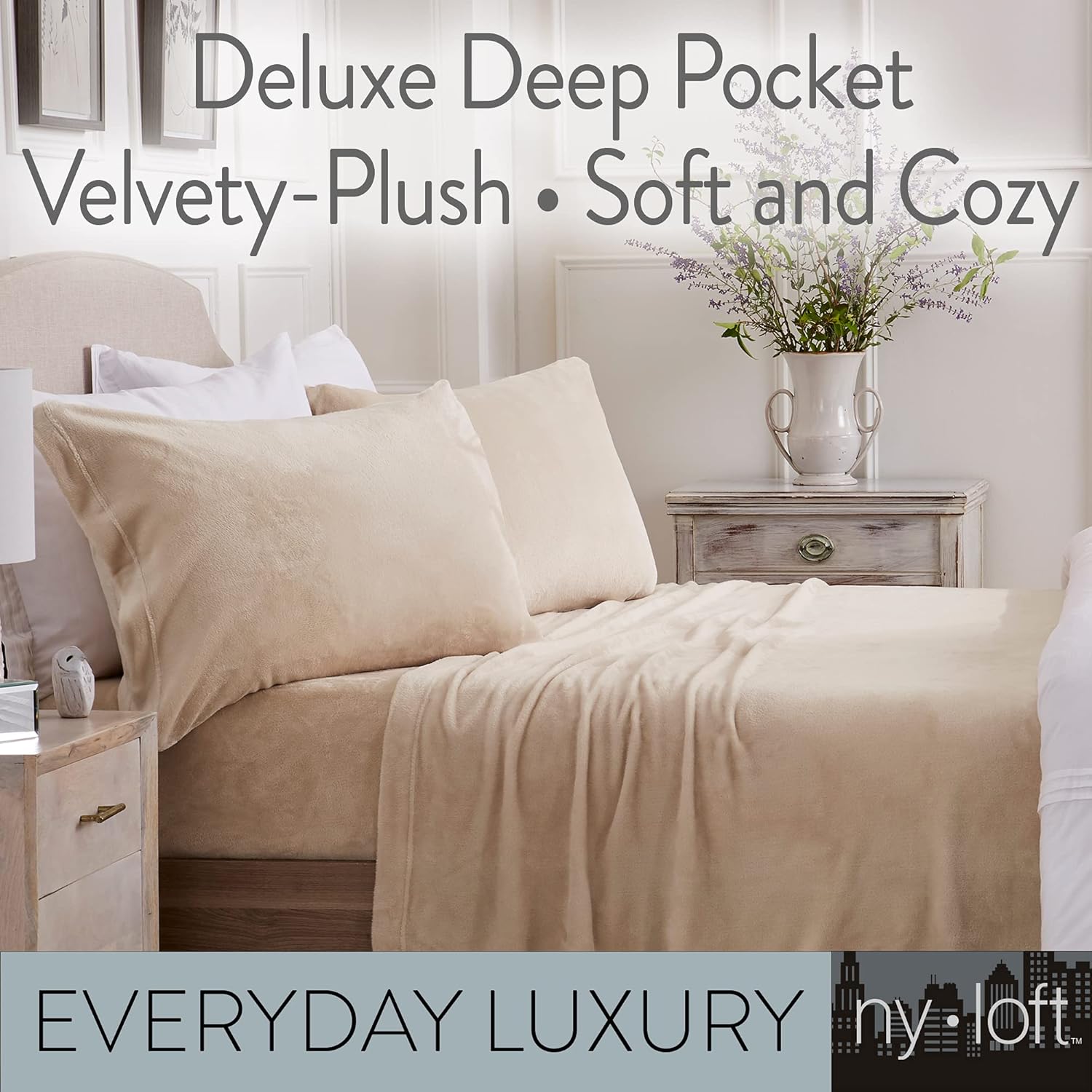 Velvet Plush Sheet and Pillowcase Set with Extra Deep Pockets | Extra Soft Micro Fleece Sheet Set | Ultra Plush and Cozy Warmth | Velvety Soft Heavyweight | Tribeca Collection (Queen, Beige) : Home & Kitchen