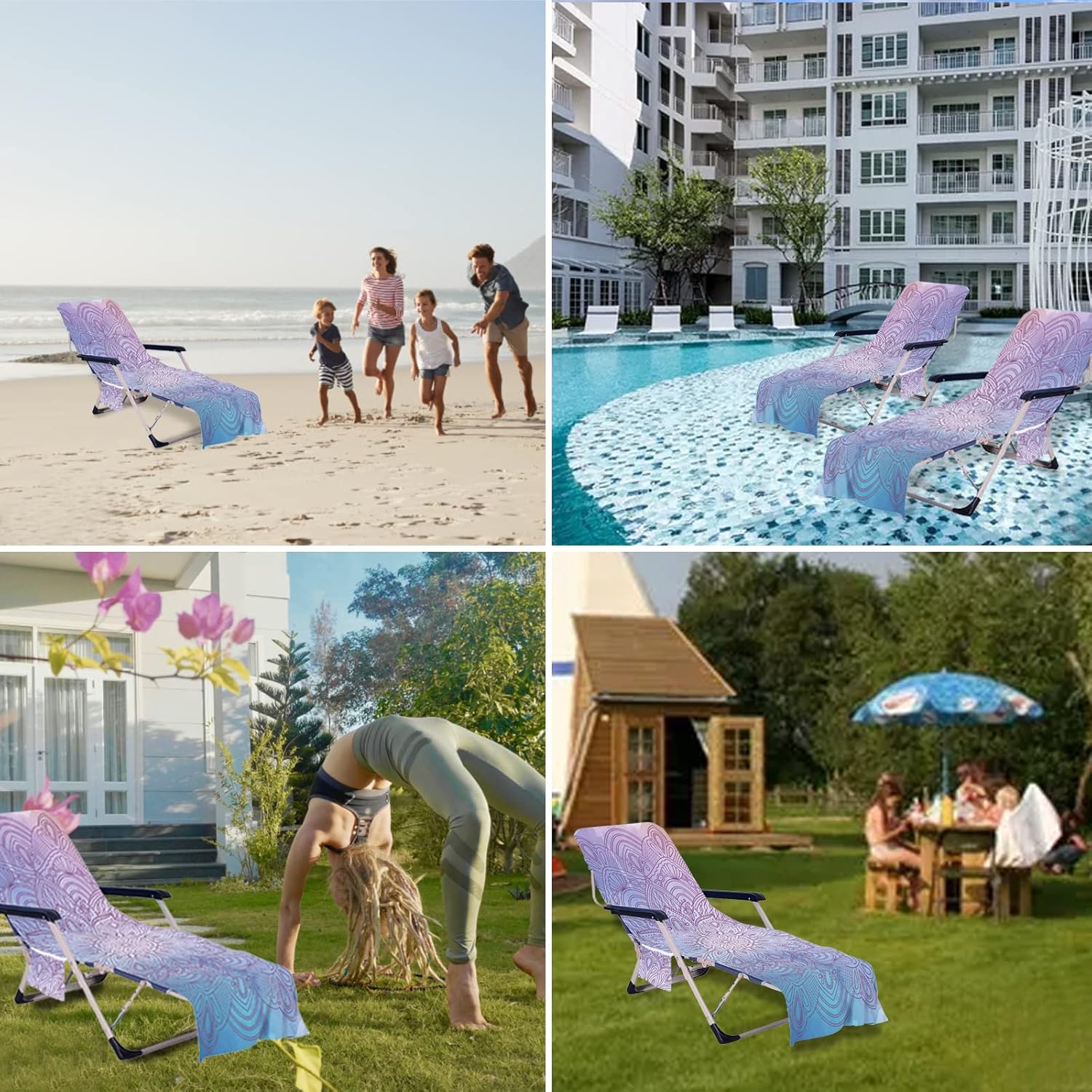 Bohemia Beach Chair Cover with Side Pockets Thick and Quick Dry Chaise Lounge Chair Towel Cover for Sun Lounger Pool Sunbathing Garden Beach Hotel No Sliding (Purple)