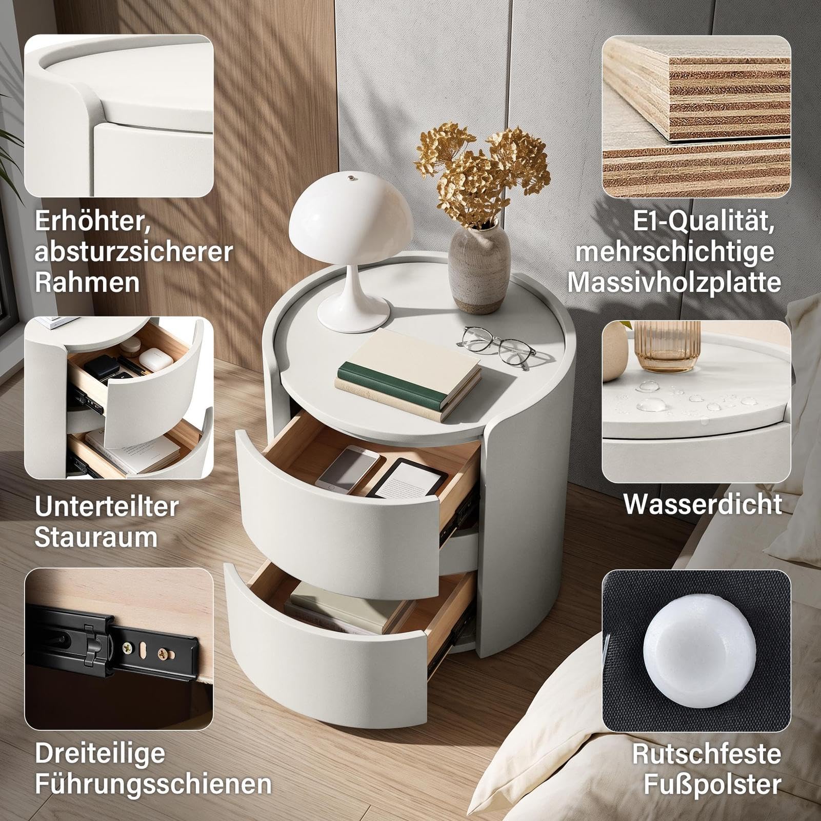 Runder Nachttisch mit 2 Schubladen Moderner Holz Beistelltisch Massivholz