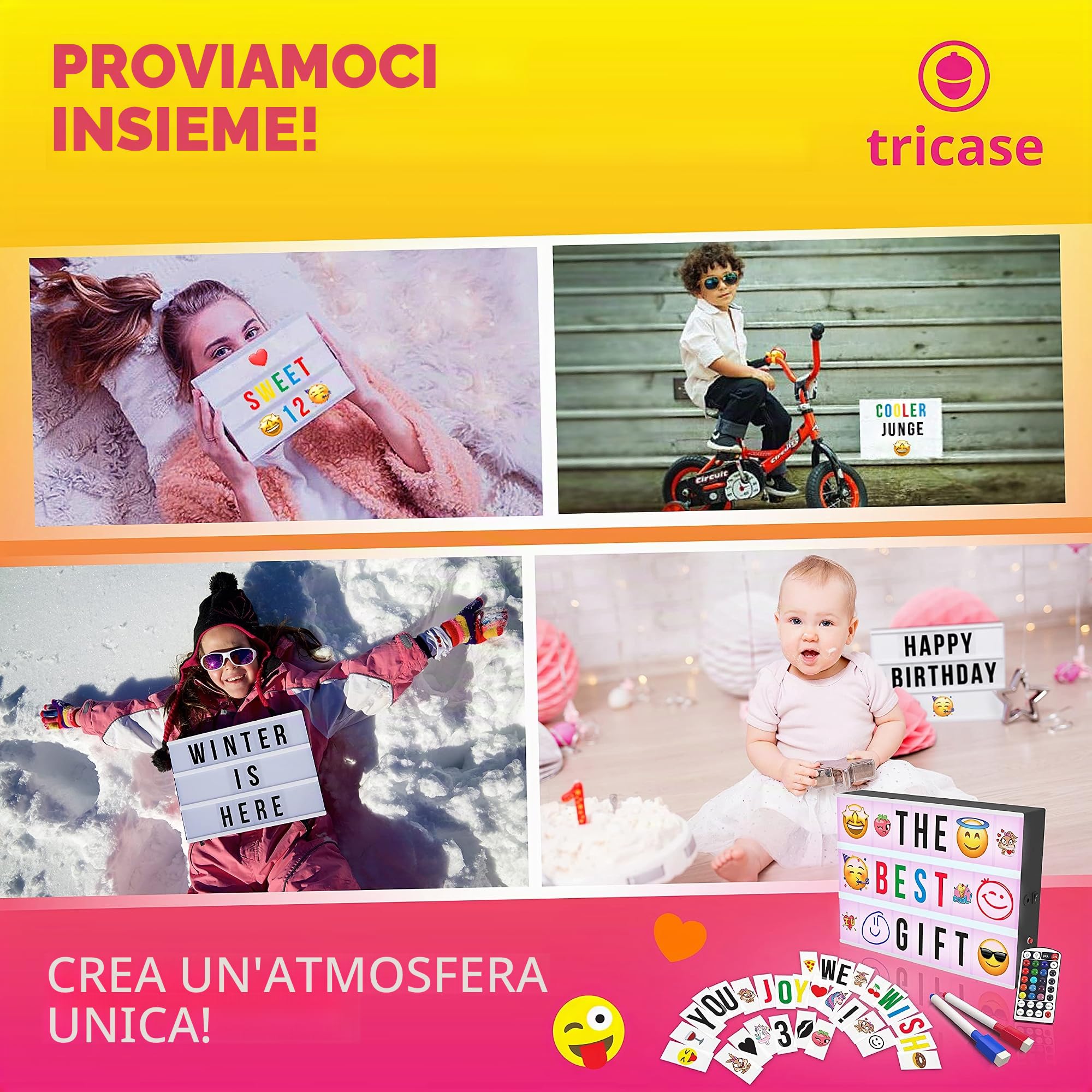 Light Box Cambio Colore per Messaggi con 254 lettere ed Emoji - 8 Emoji XXL, telecomando, USB 1,5 m, 2 pennarelli - Scatola Luminosa 16 colori | Tavolo luminoso Idea regalo di Natale e Compleanno