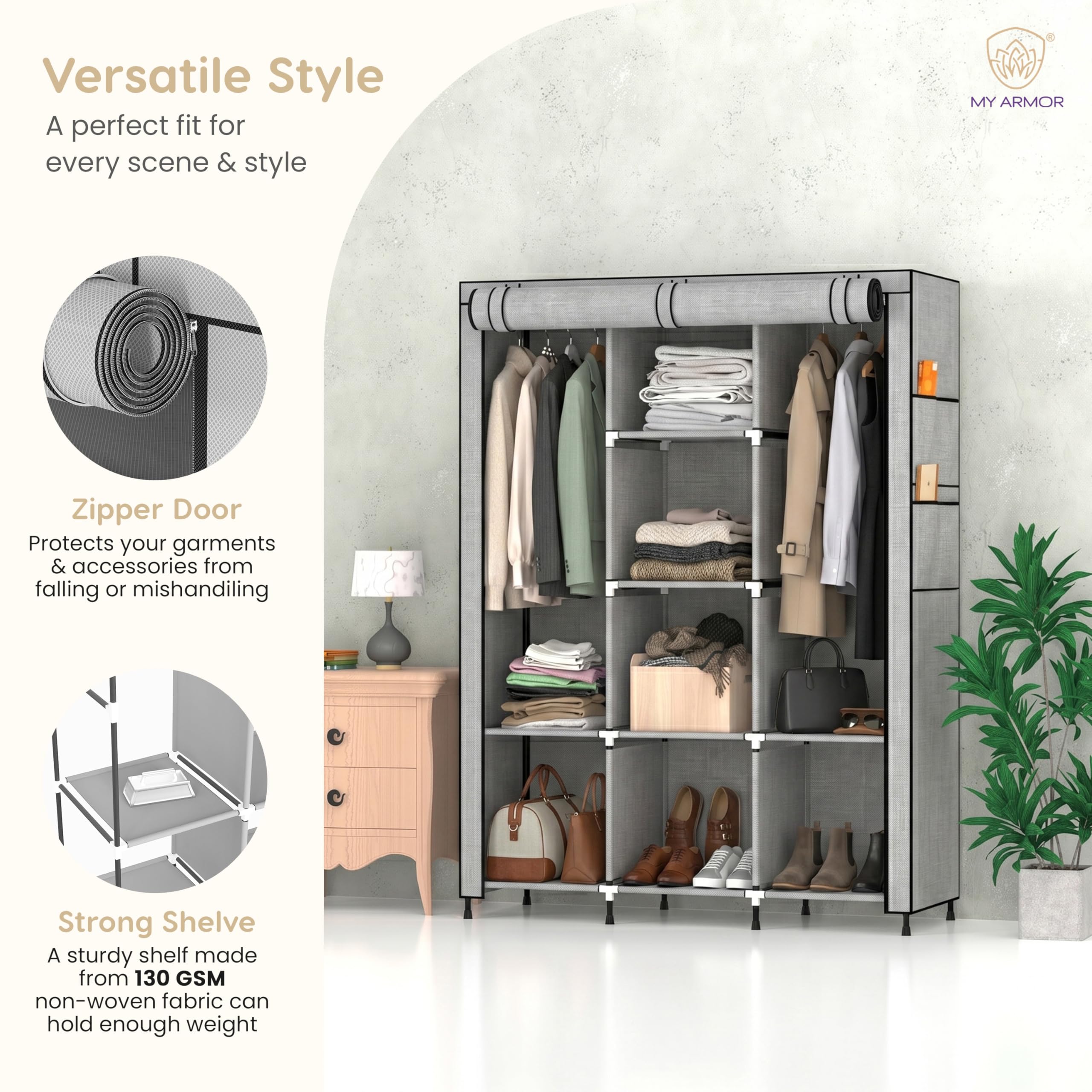 MYARMOR 3-Door Foldable Wardrobe for Clothes, Wardrobe for Storage, Multipurpose Collapsible Fabric Wardrobe Organizer for Clothes, ABS Plastic, Fabric Cupboard - 8 Shelfes, 2 Hanger Cabinet Rack 1