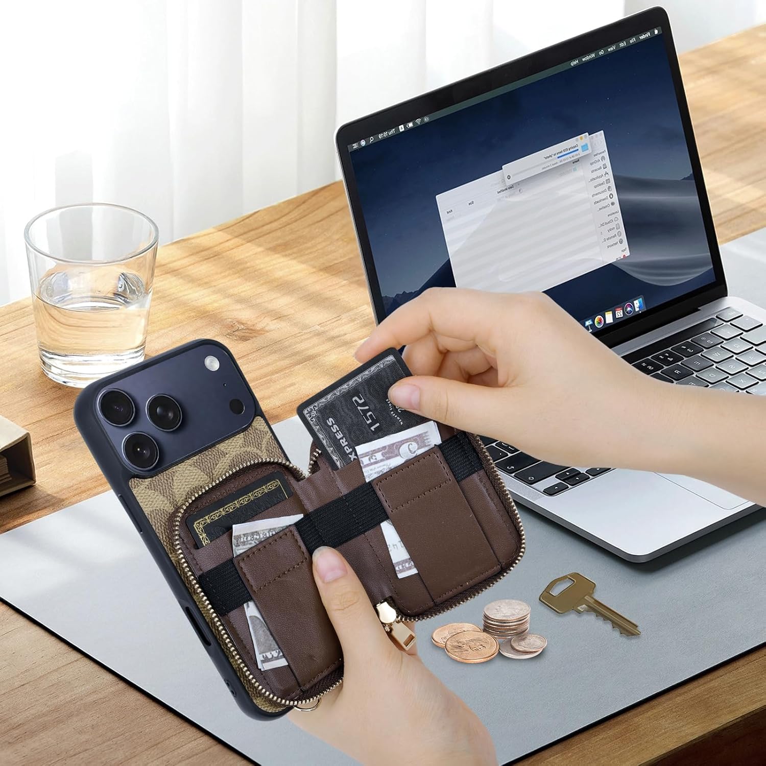 Wallet Case Compatible with iPhone 17 Pro Max for Women and Men，Classic Luxury PU Leather Zipper Credit Card Holder Slots with Adjustable Lanyard Strap for iPhone 17 Pro Max 6.9 inch Khaki - Image 5