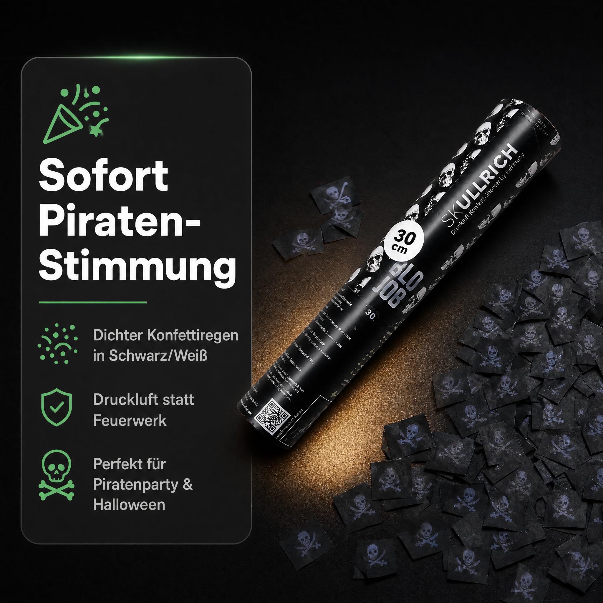 Pyroland 6 Stück Konfettikanone Skullrich 80 cm, schwarzes Konfetti mit Piratenflagge, lustiger Party Popper für Halloween, Mottoparty und Geburtstag
