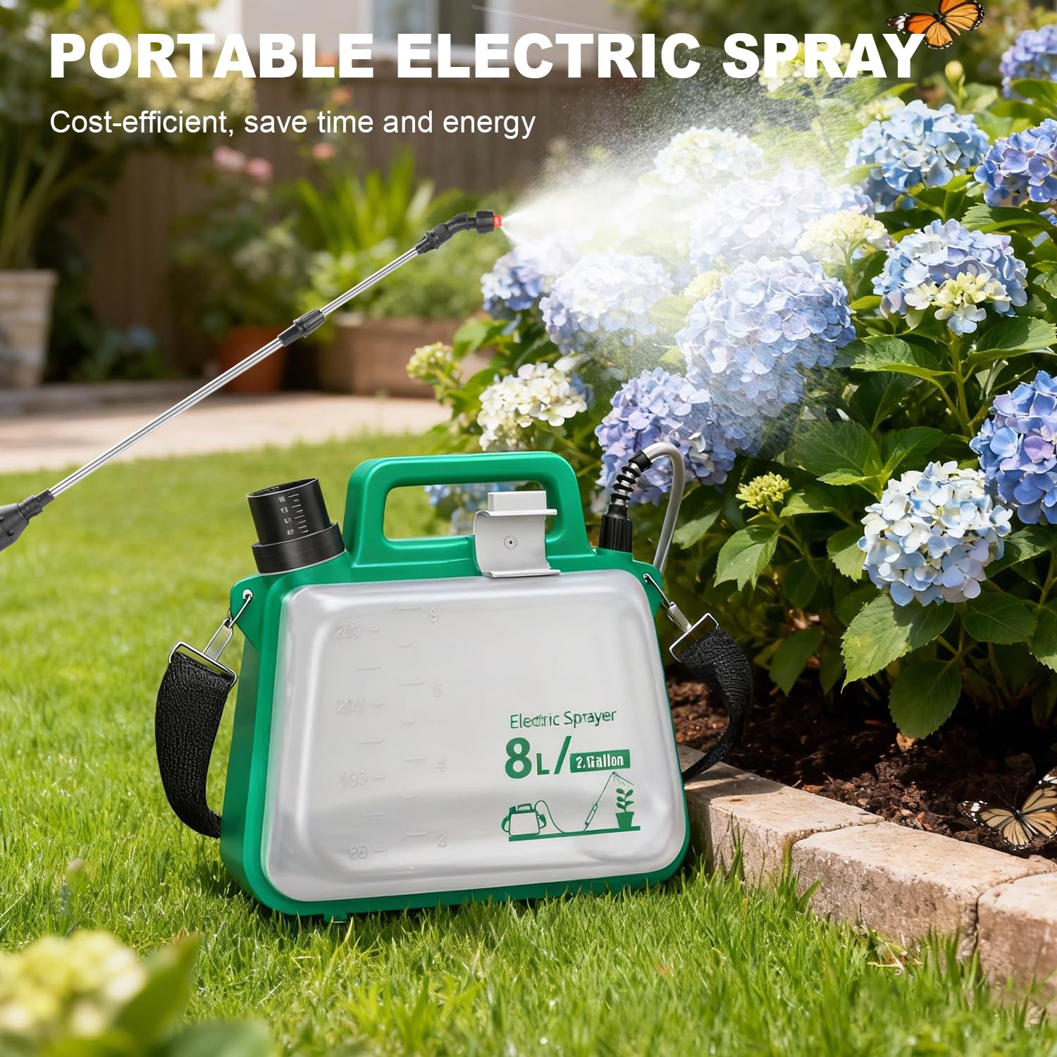 Pulverisateur Electrique 8L, Pulverisateur de Jardin avec 4 Embouts, Tige Télescopique et Bandoulière Réglable, Batterie 2500 mAh Rechargeable par USB pour Nettoyer Arrosage