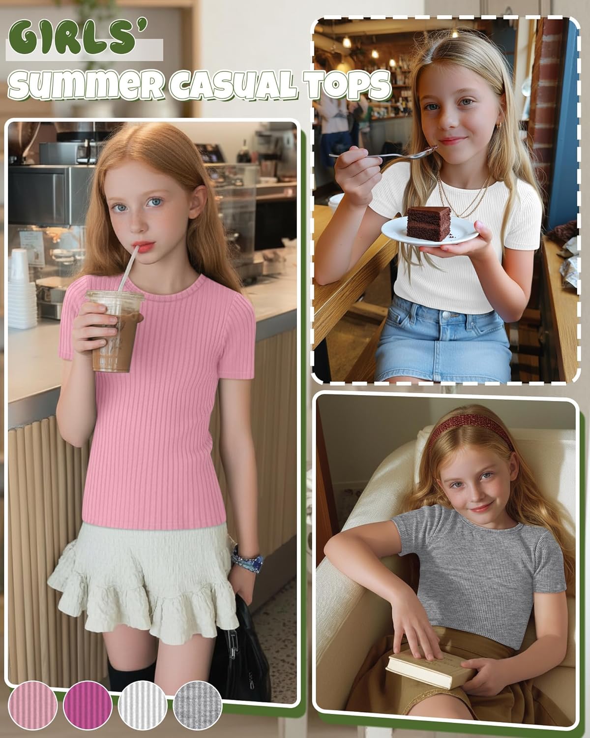 4 Pack Girls' Short Sleeve Shirts Ribbed Knit Crew Neck Tops Slim Fit Casual T-Shirt Kids Summer Basic Tees 5-14Y - Image 4
