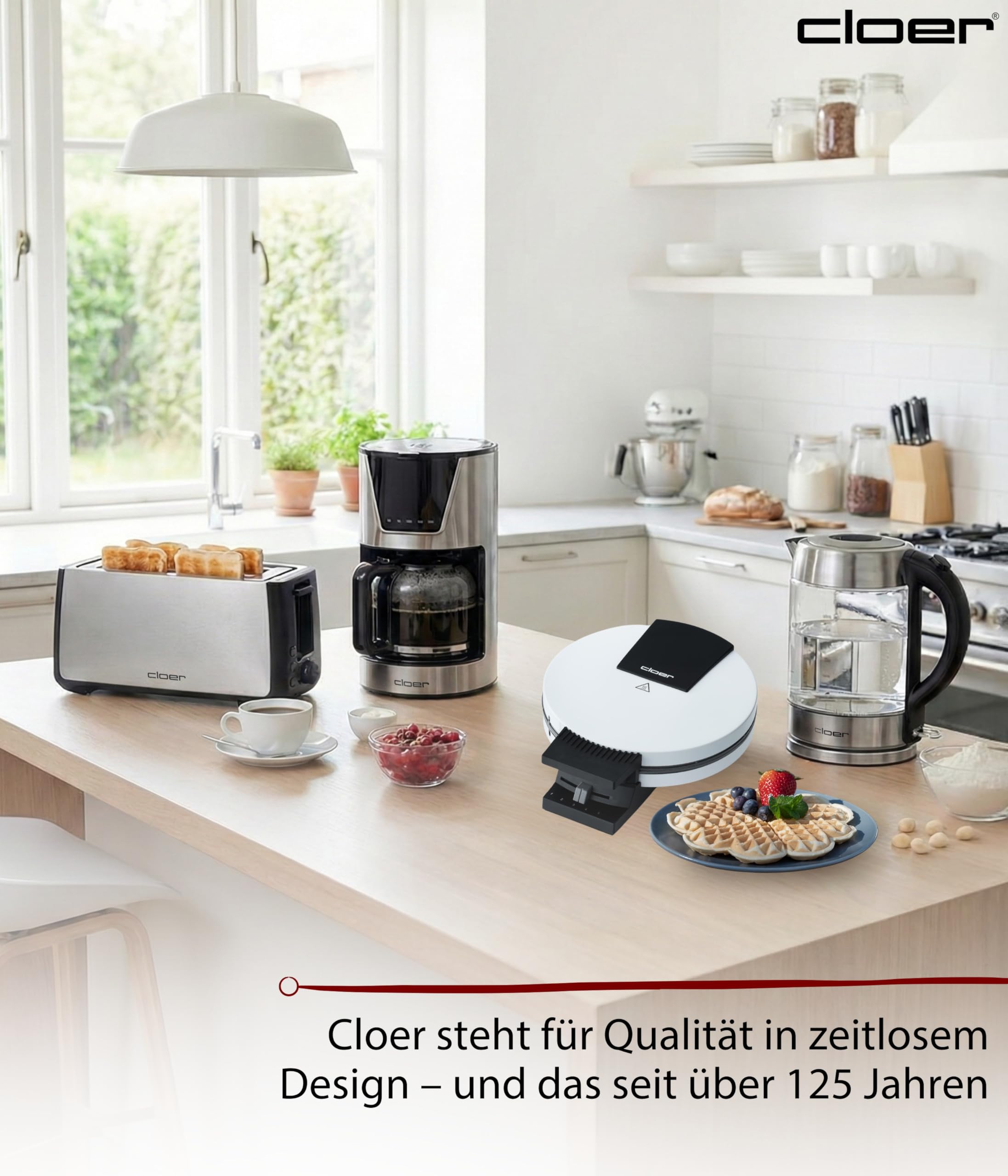 Cloer 120 Waffeleisen für eine XXL-Herzwaffel mit 19,5 cm Durchmesser, Herzwaffeleisen mit Antihaftbeschichtung, stufenlosem Bräunungsgrad und Backampel, Weiß, 930 W