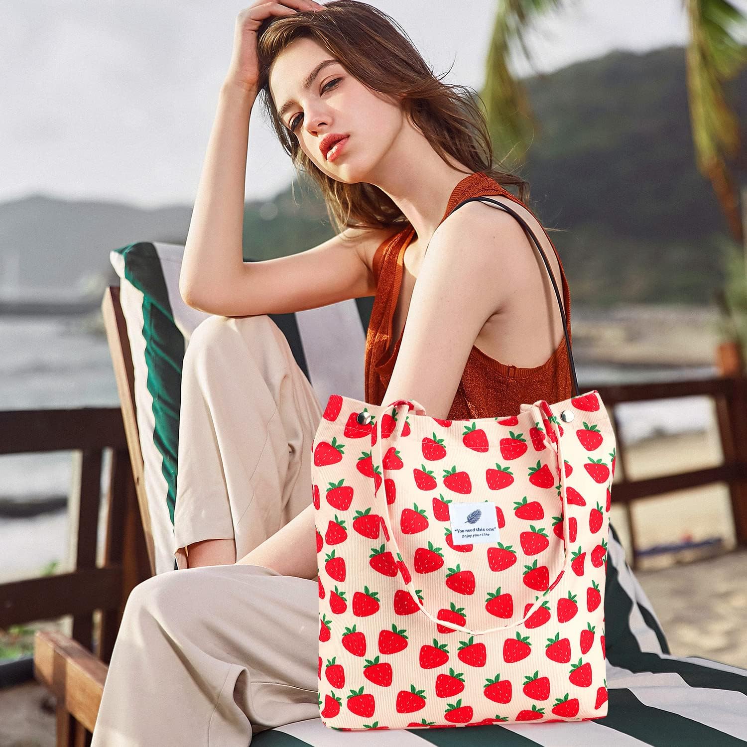 Ayieyill Corduroy Tote Bag for Women Canvas Shoulder Cord Purse with Inner Pocket image 3