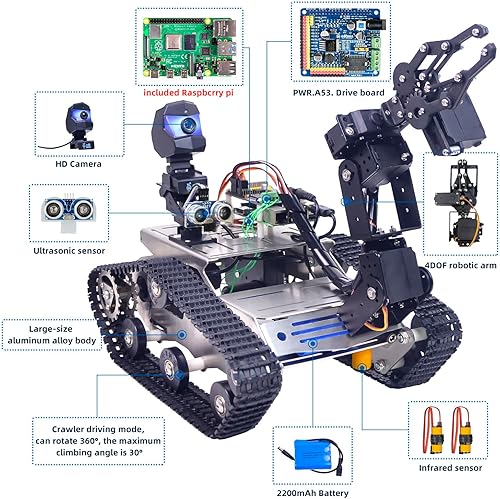 Vista 6 de Kit de robot inteligente para Raspberry Pi, chasis de robot tanque transmisión de video en tiempo real, control WiFi/Bluetooth, planificación