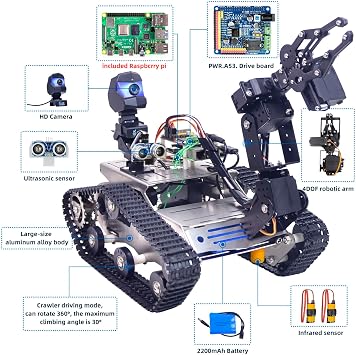 Smart Robot Car Kit for Raspberry Pi, Tank Robot Chassis Real-Time Video Transmission, WiFi/Bluetooth Control, Path Planning, Programmable Robot Kit (Stainless Steel Chassis+Raspberry Pi 4B(4GB))