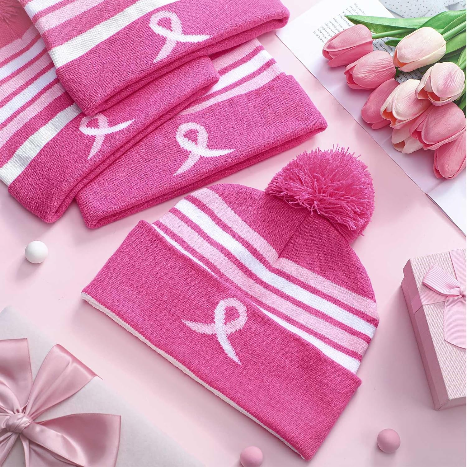 12 Pack Breast Cancer Awareness Beanie Hats Warm Soft Knitted Cuffed Skull Winter Cap for Women Charity Supplies Pink