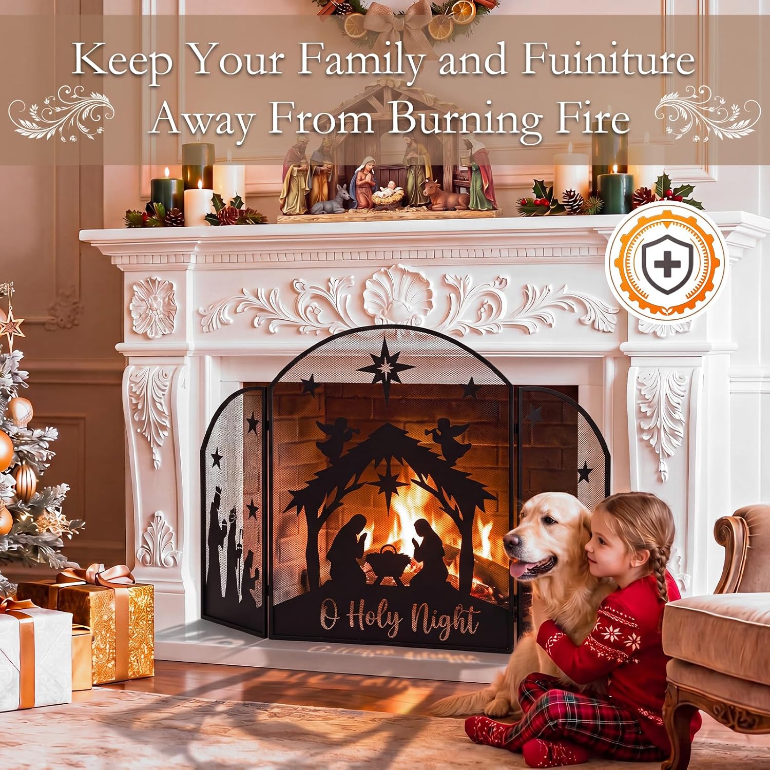 Briwooody Fireplace Screen 3 Panel Spark Guard, Nativity Scene, 30" X 48"