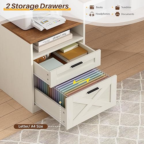 Miniatura 5 de Escritorio rústico en forma de L de 63 pulgadas con cajones y estantes de almacenamiento, escritorio de esquina blanco en forma de L con tomas de