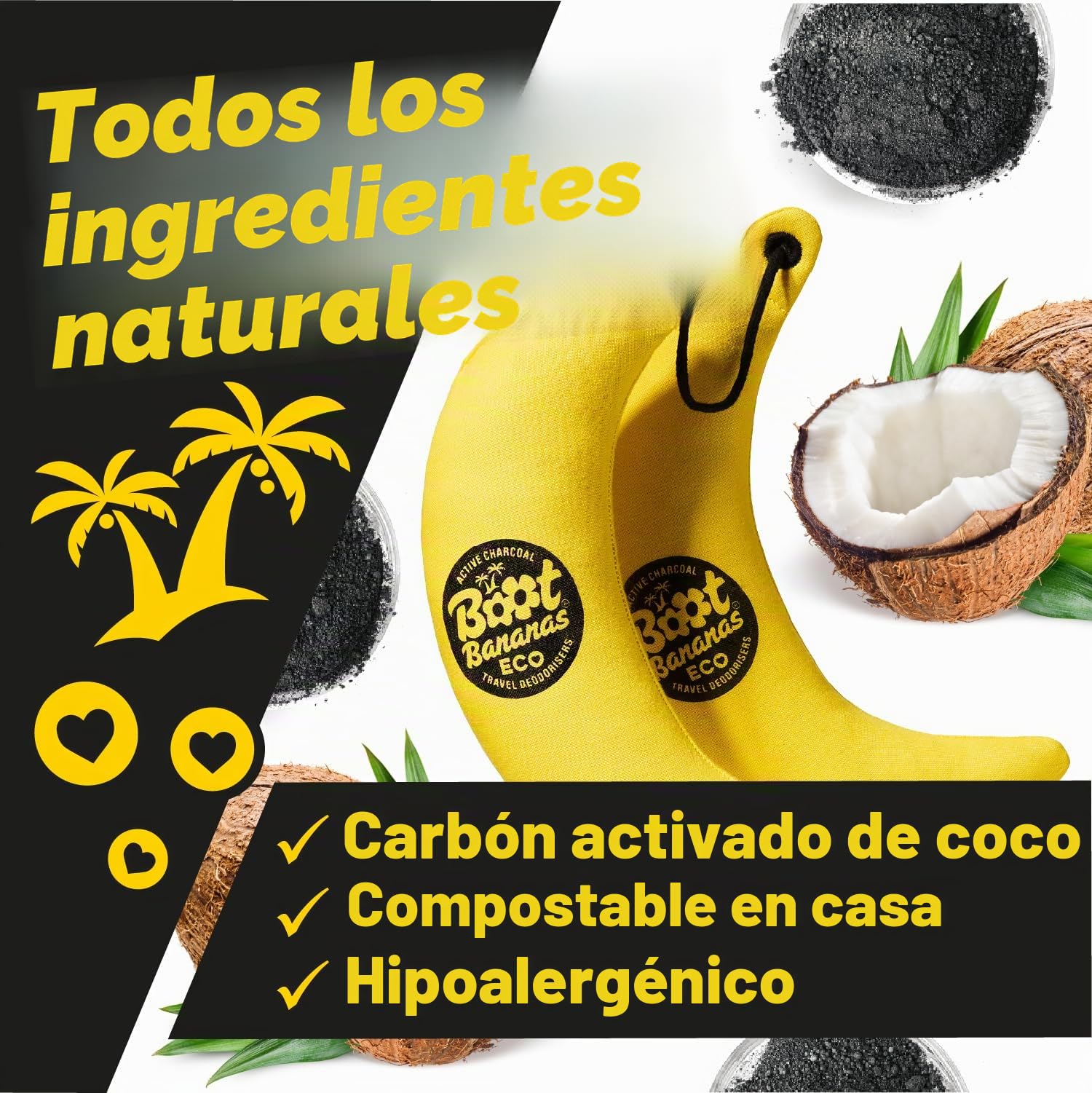 Boot Bananas Eco Travel - Desodorizantes de carbón activado sin fragancia para zapatos, guantes y bolsas malolientes, ligero, compostable, reutilizable, frescura sobre la marcha, dura hasta 12 meses